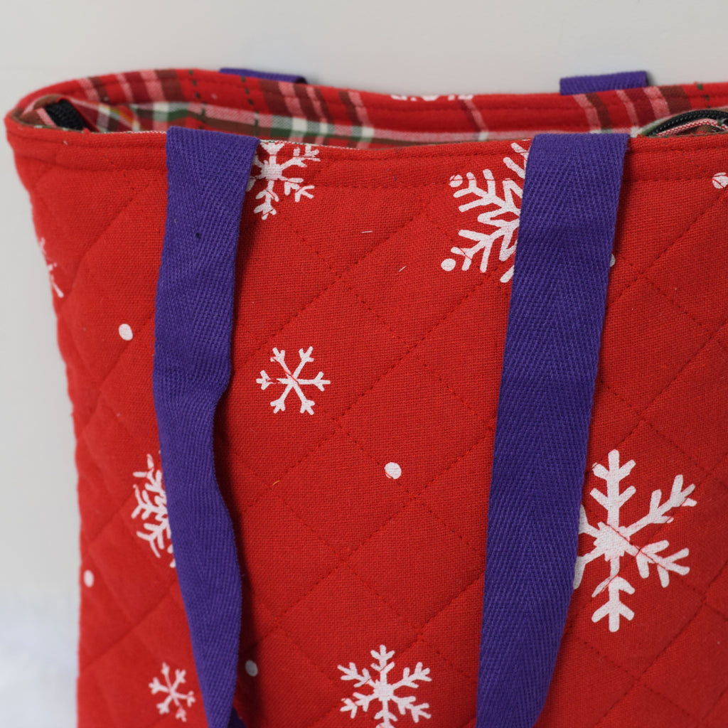 Christmas Snowflake Quilted Tote Bag - Red & White