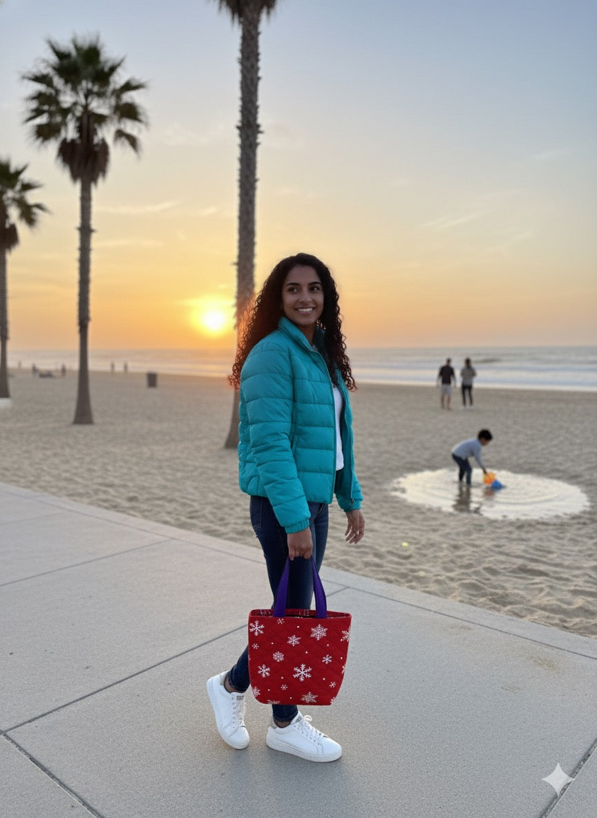 Christmas Snowflake Quilted Tote Bag - Red & White