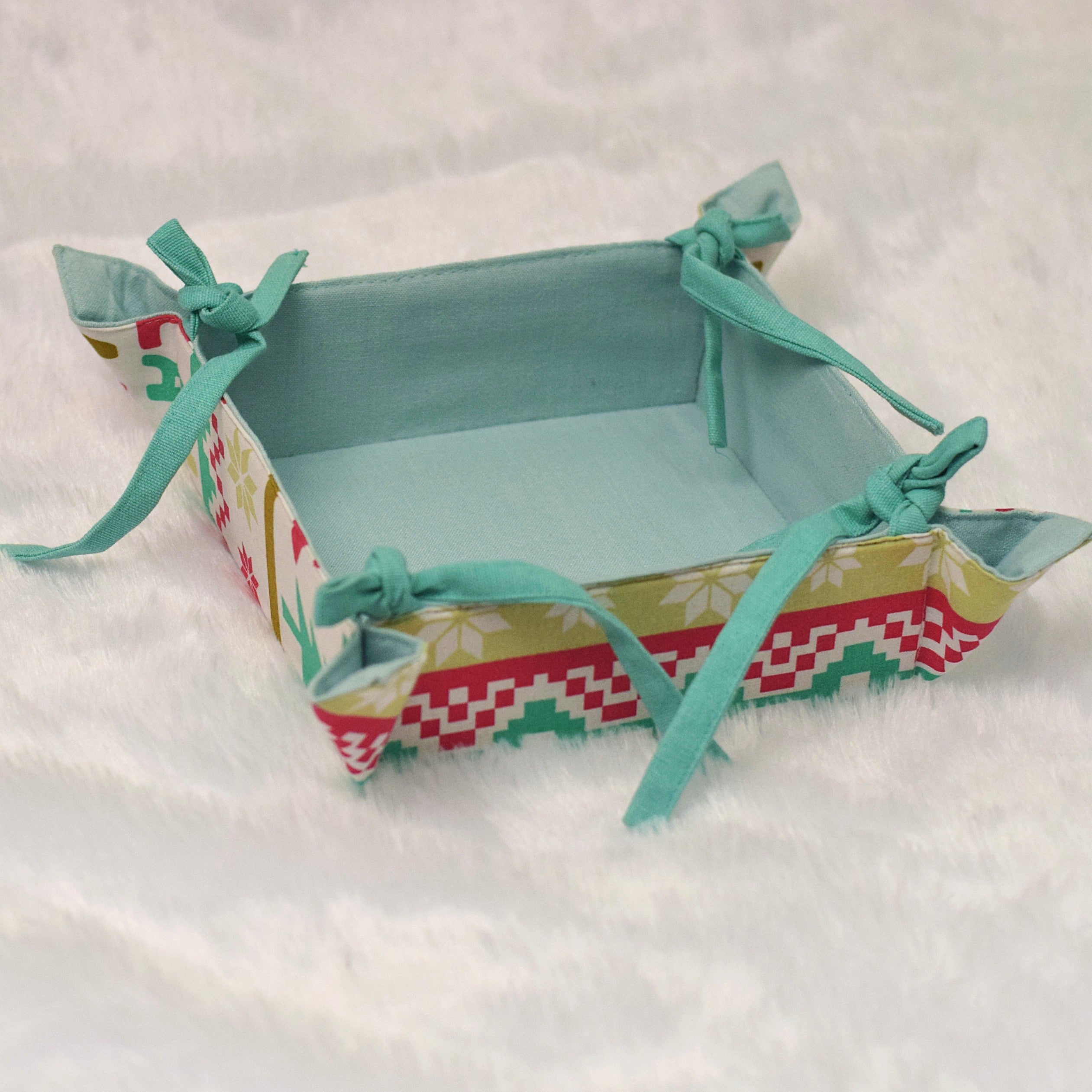 Festive Pattern Fabric Bread Basket with Tie-Up Corners