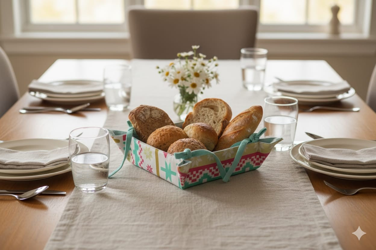 Festive Pattern Fabric Bread Basket with Tie-Up Corners - Main Product Image - Nushio