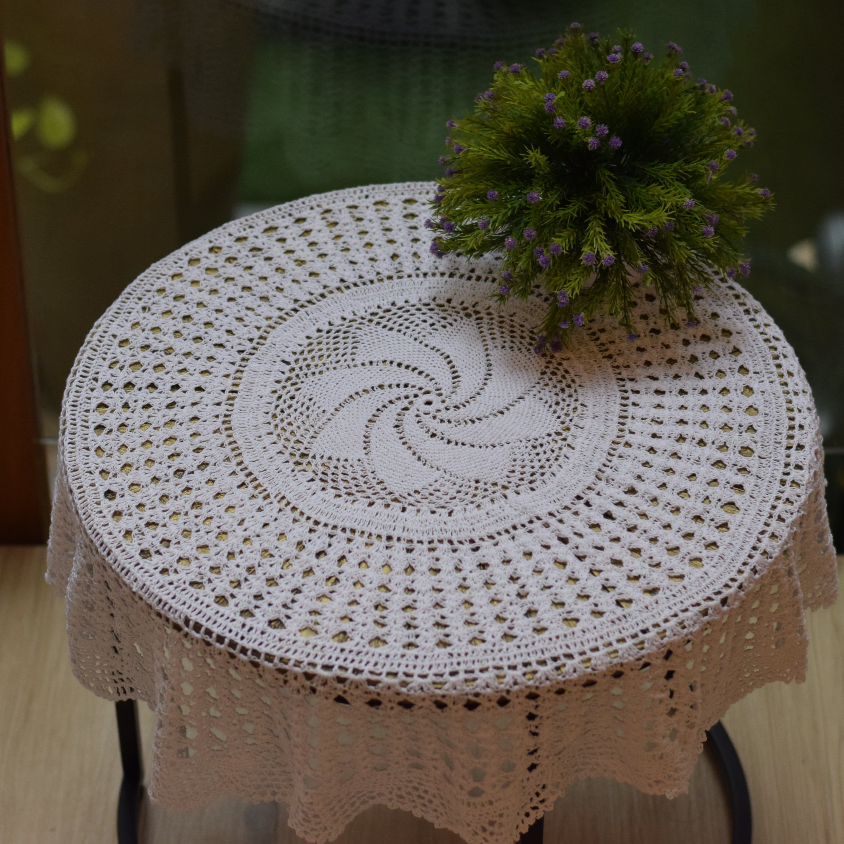 Handmade White Crochet Table Cover - Detail View - Nushio