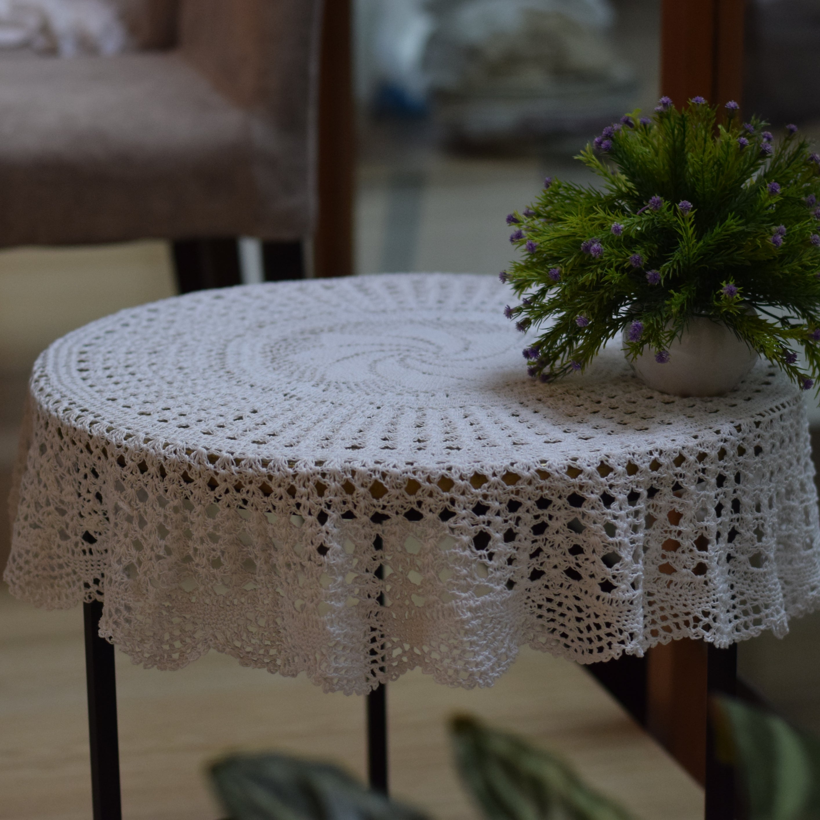 Handmade White Crochet Table Cover - View 2 - Nushio