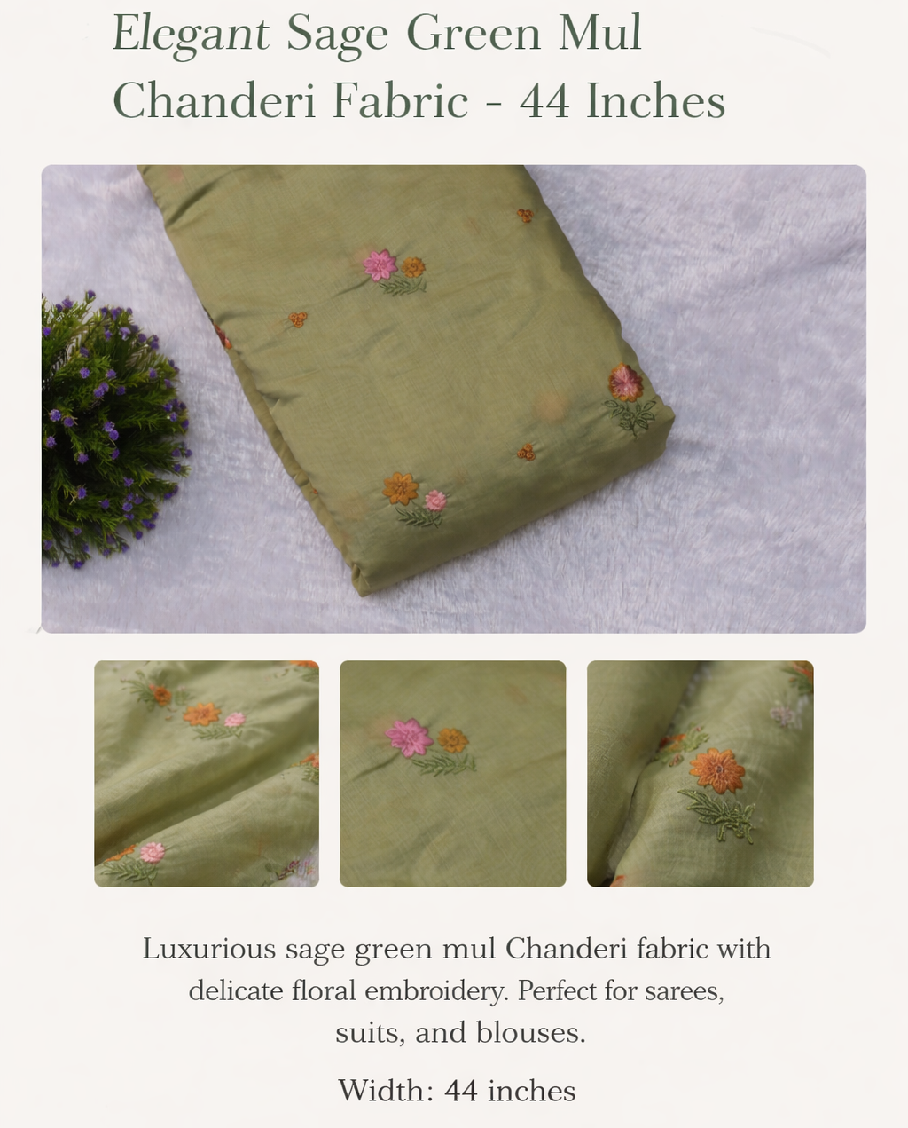 Olive Green Mul Chanderi Fabric with Floral Embroidery – 44 Inches Width - Main Product Image - Floral - Nushio