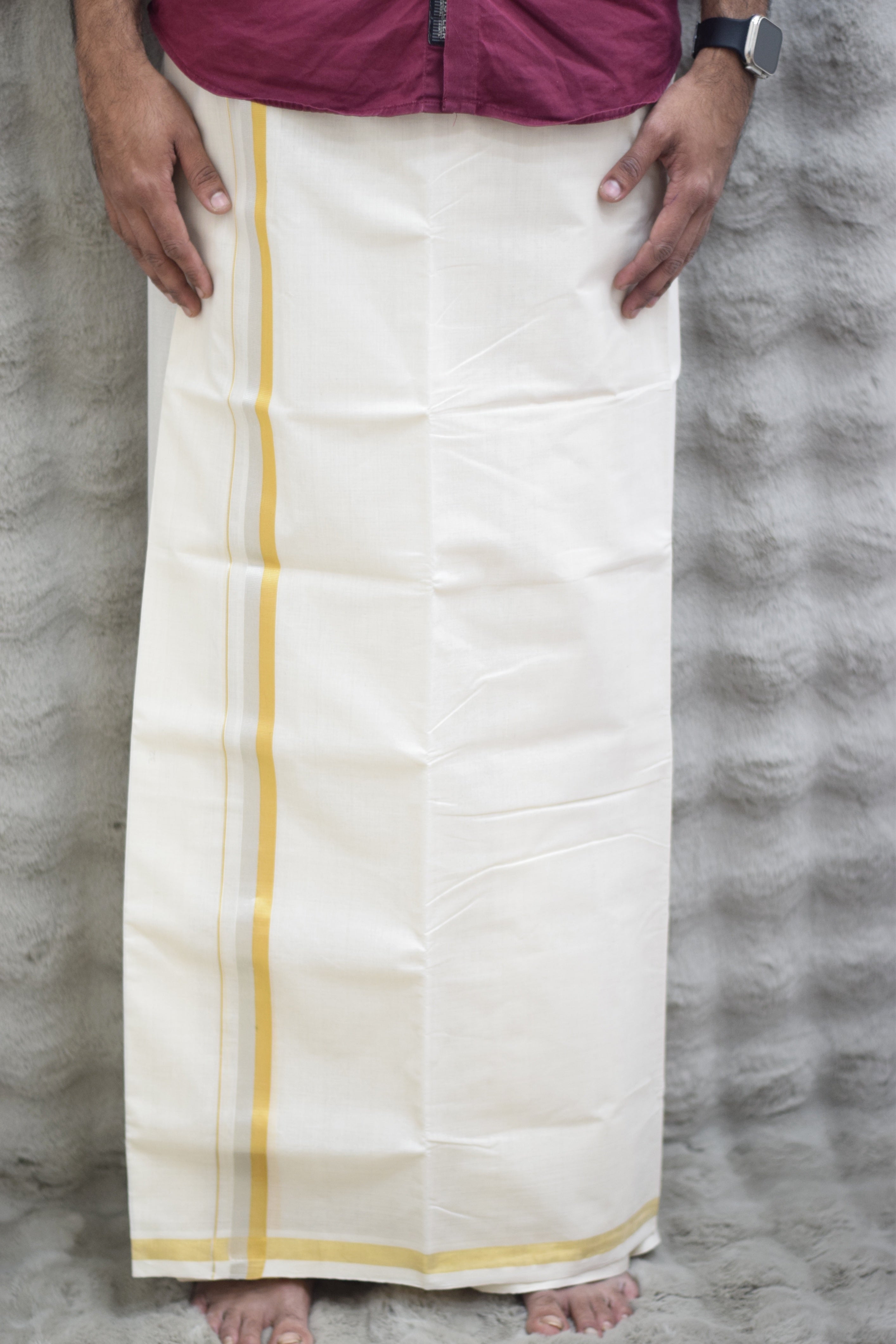 Men's Traditional White Cotton Dhoti with Gold Border – Elegant Ethnic Wear - Main Product Image - Cotton - Nushio