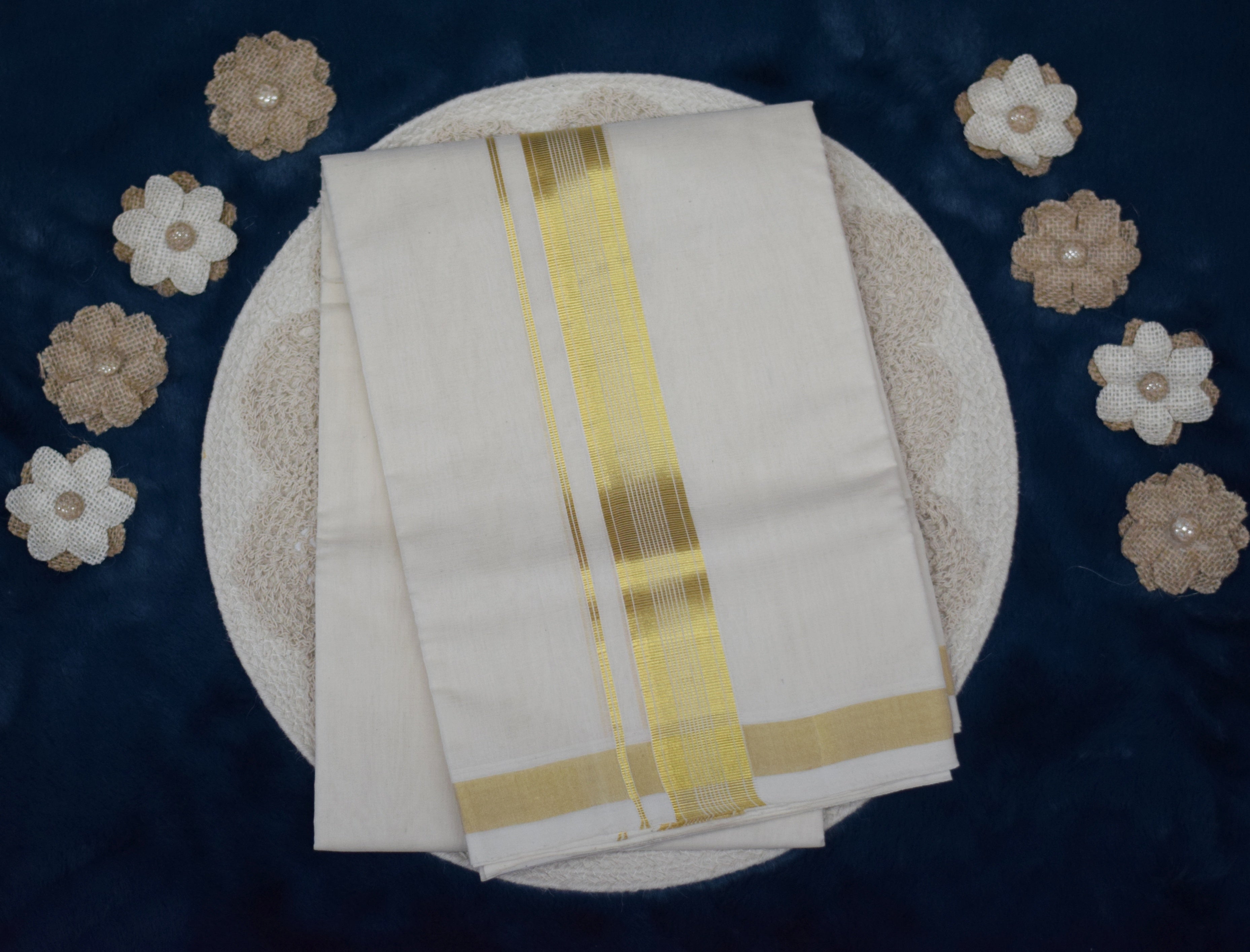 Traditional White Cotton Dhoti with Golden Border. Bouble.