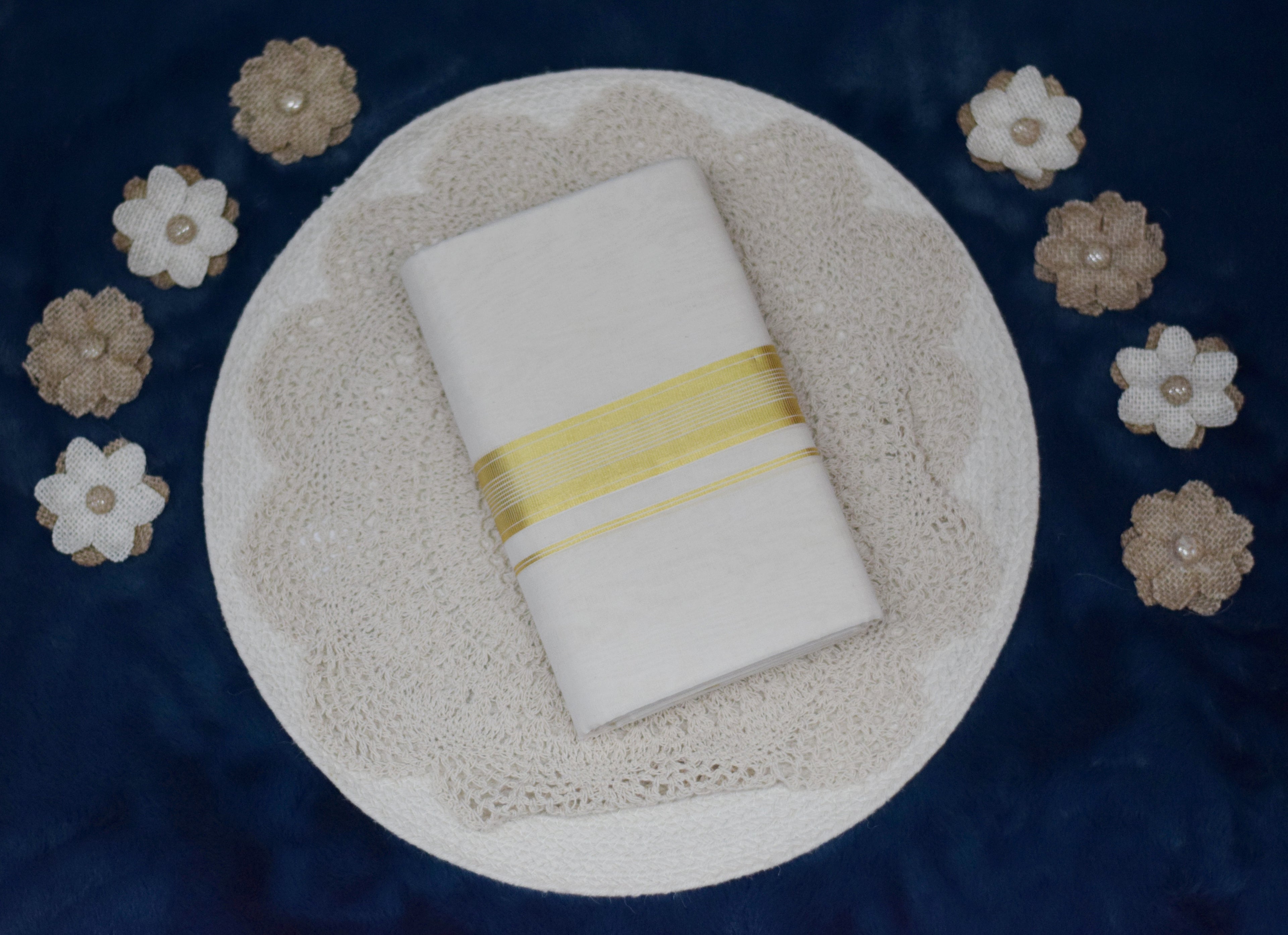 Traditional White Cotton Dhoti with Golden Border. Bouble.