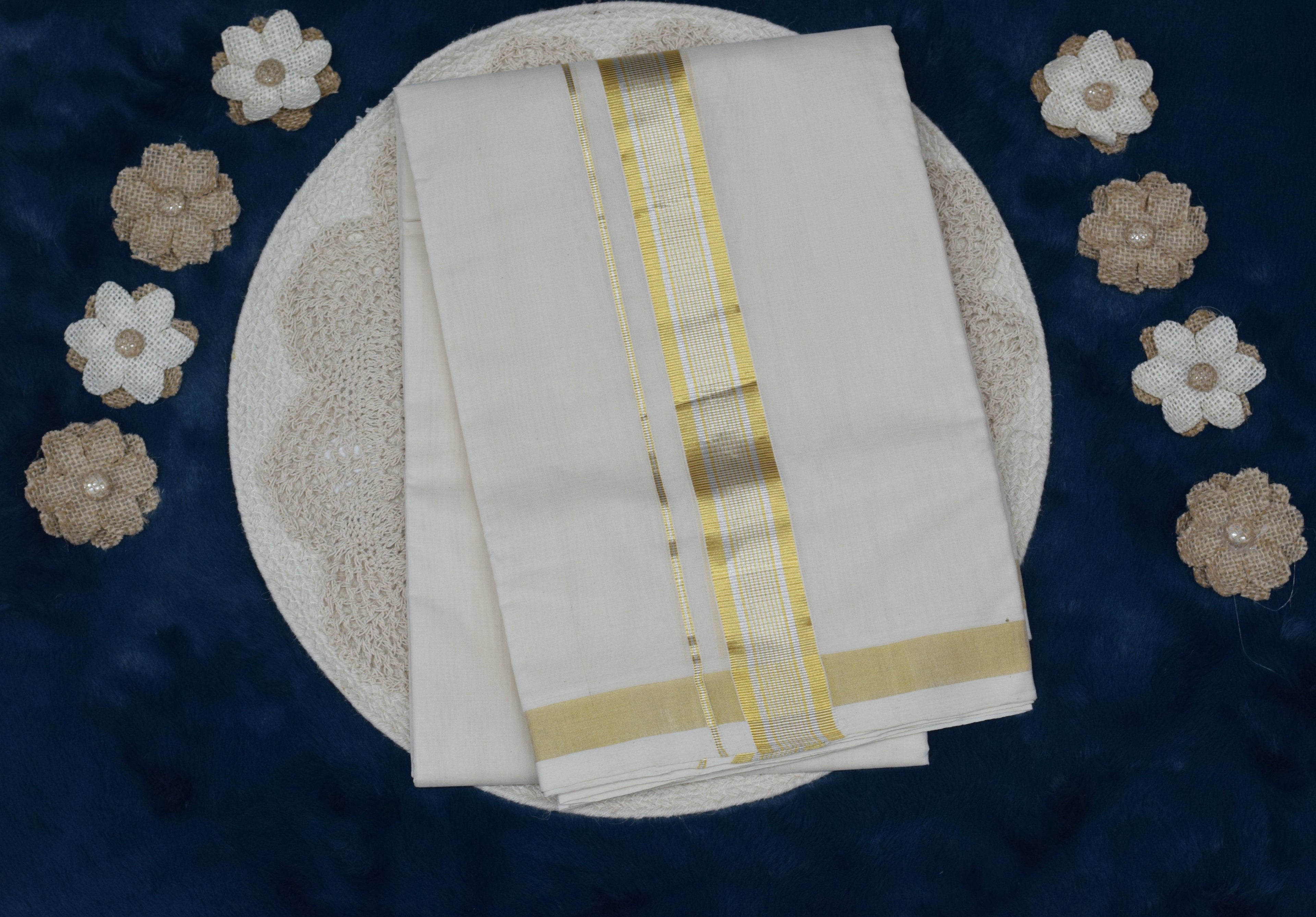 Traditional White Cotton Dhoti with Golden Border – Men's Ethnic Wear
