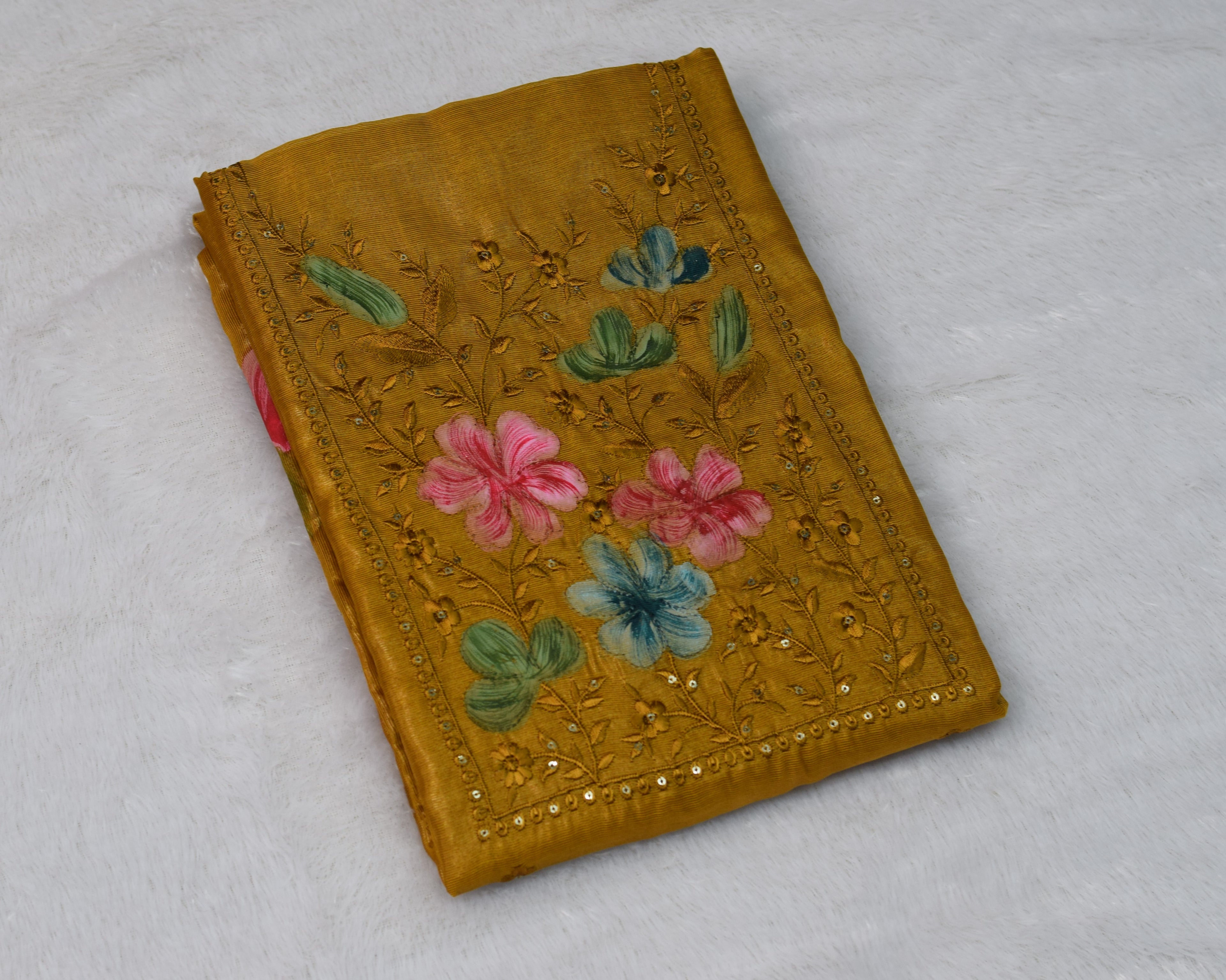 Mustard Semi Silk Churidar Set with Hand-Painted Floral Embroidery-soft silk