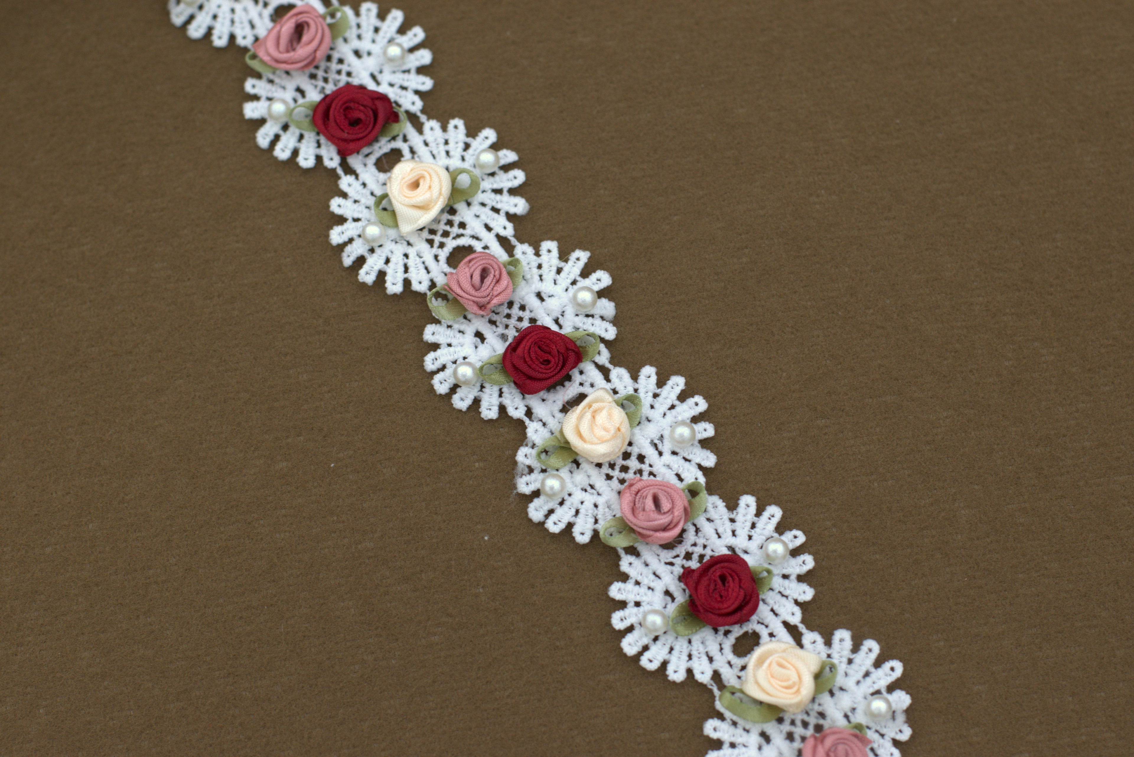 Imported Floral Lace Trim with Rose Embellishments – 5 Meter / 10 Meter Premium Lace