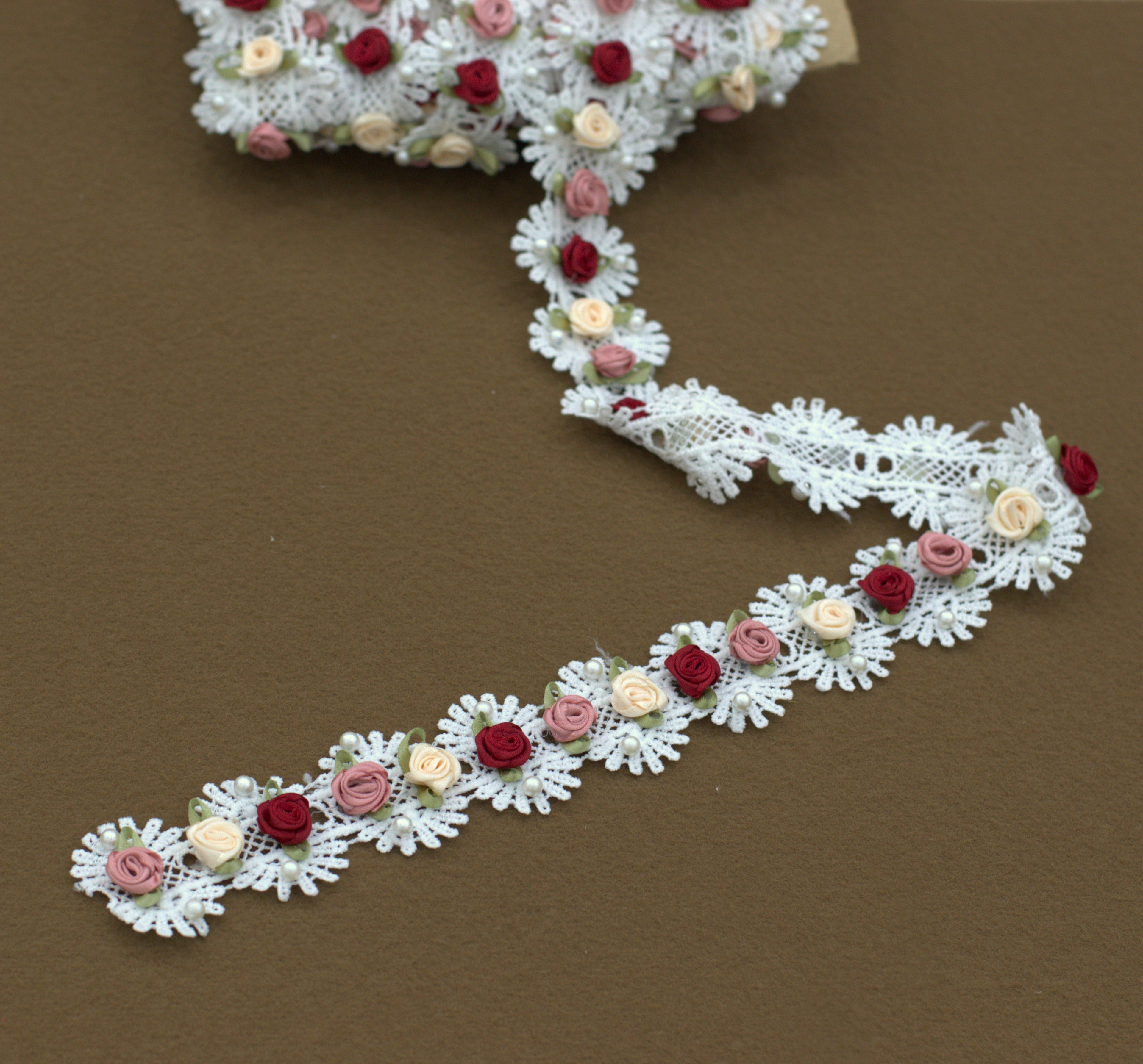 Imported Floral Lace Trim with Rose Embellishments – 5 Meter / 10 Meter Premium Lace