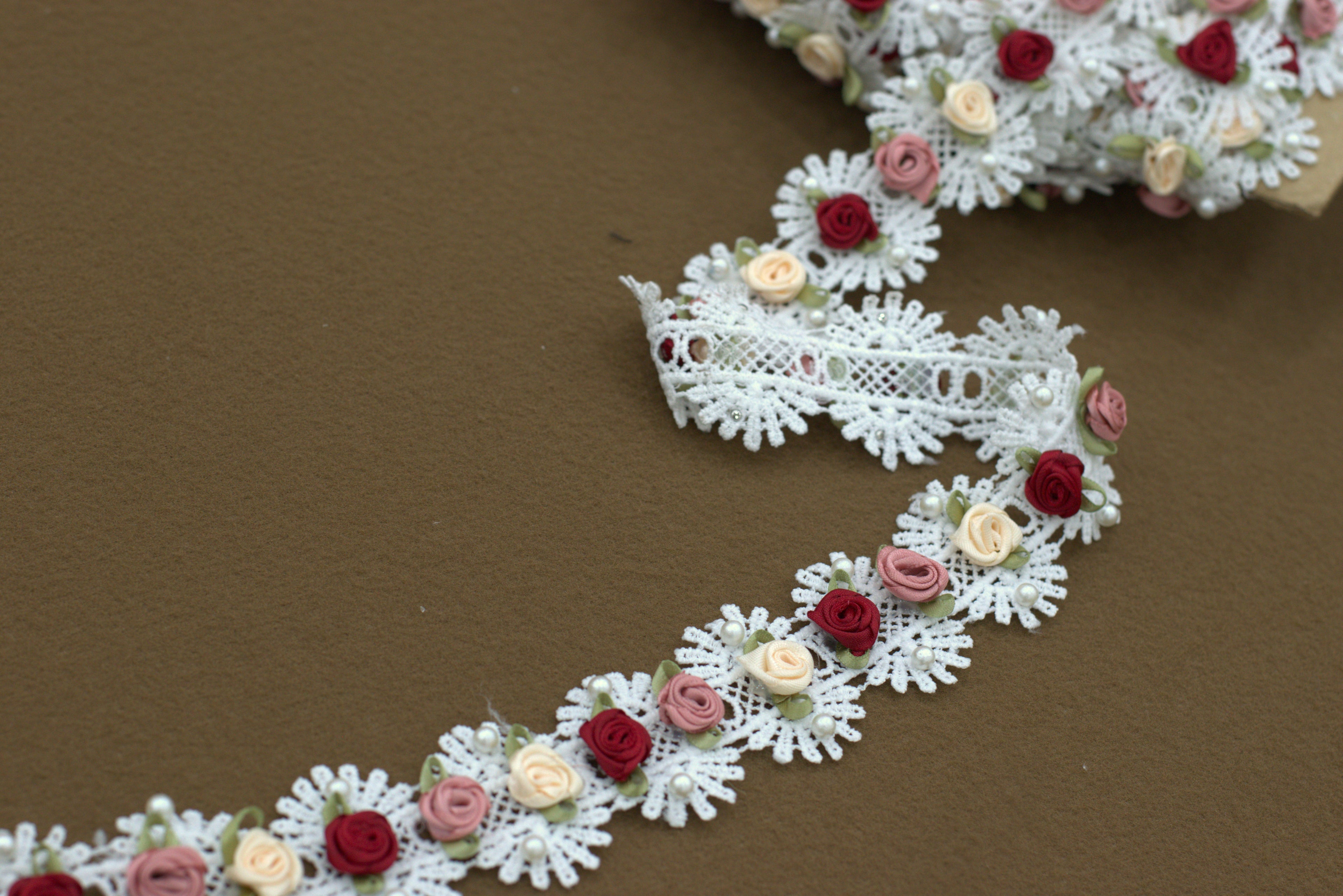 Imported Floral Lace Trim with Rose Embellishments – 5 Meter / 10 Meter Premium Lace