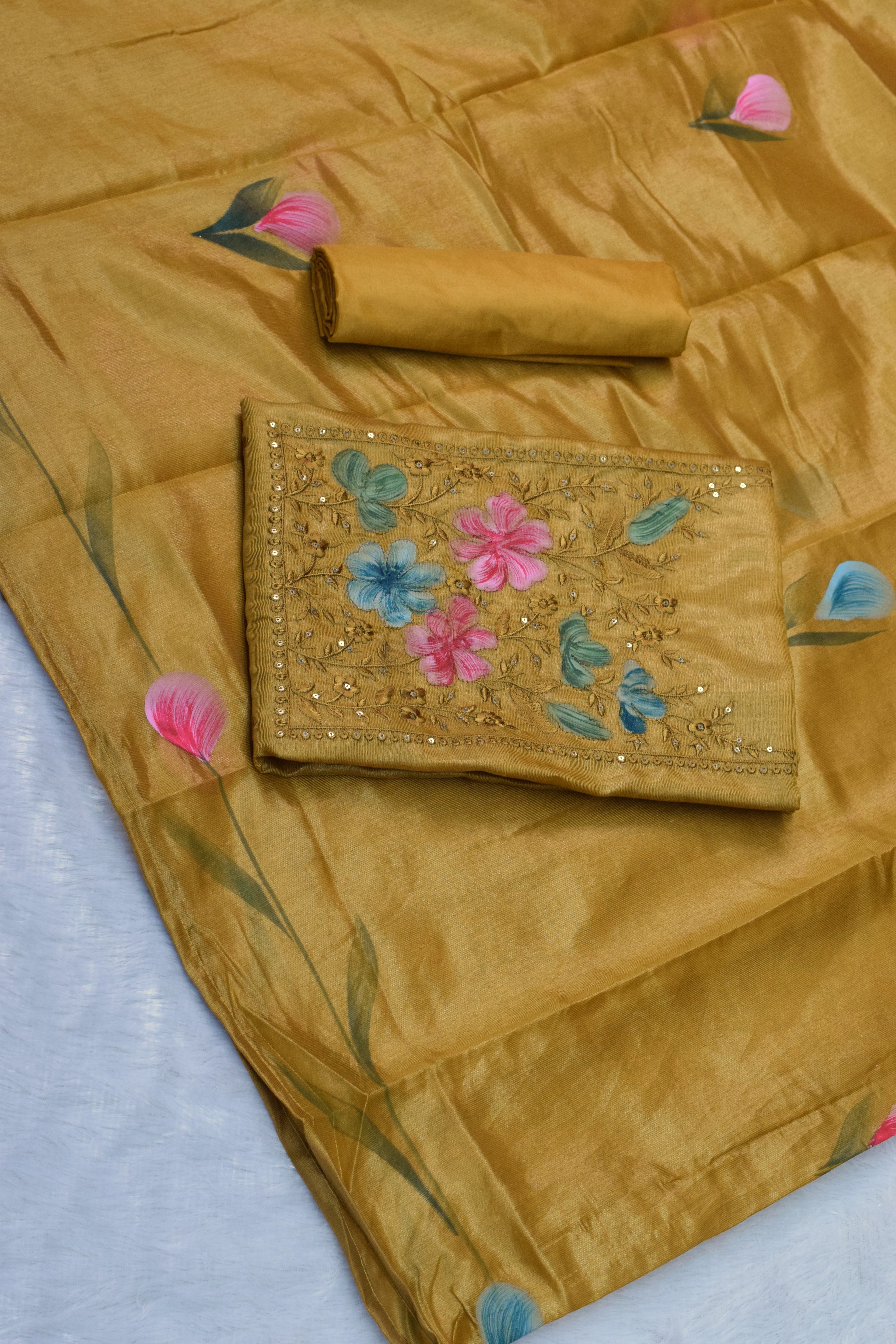 Mustard Semi Silk Churidar Set with Hand-Painted Floral Embroidery-soft silk - View 3 - Silk Floral - Nushio