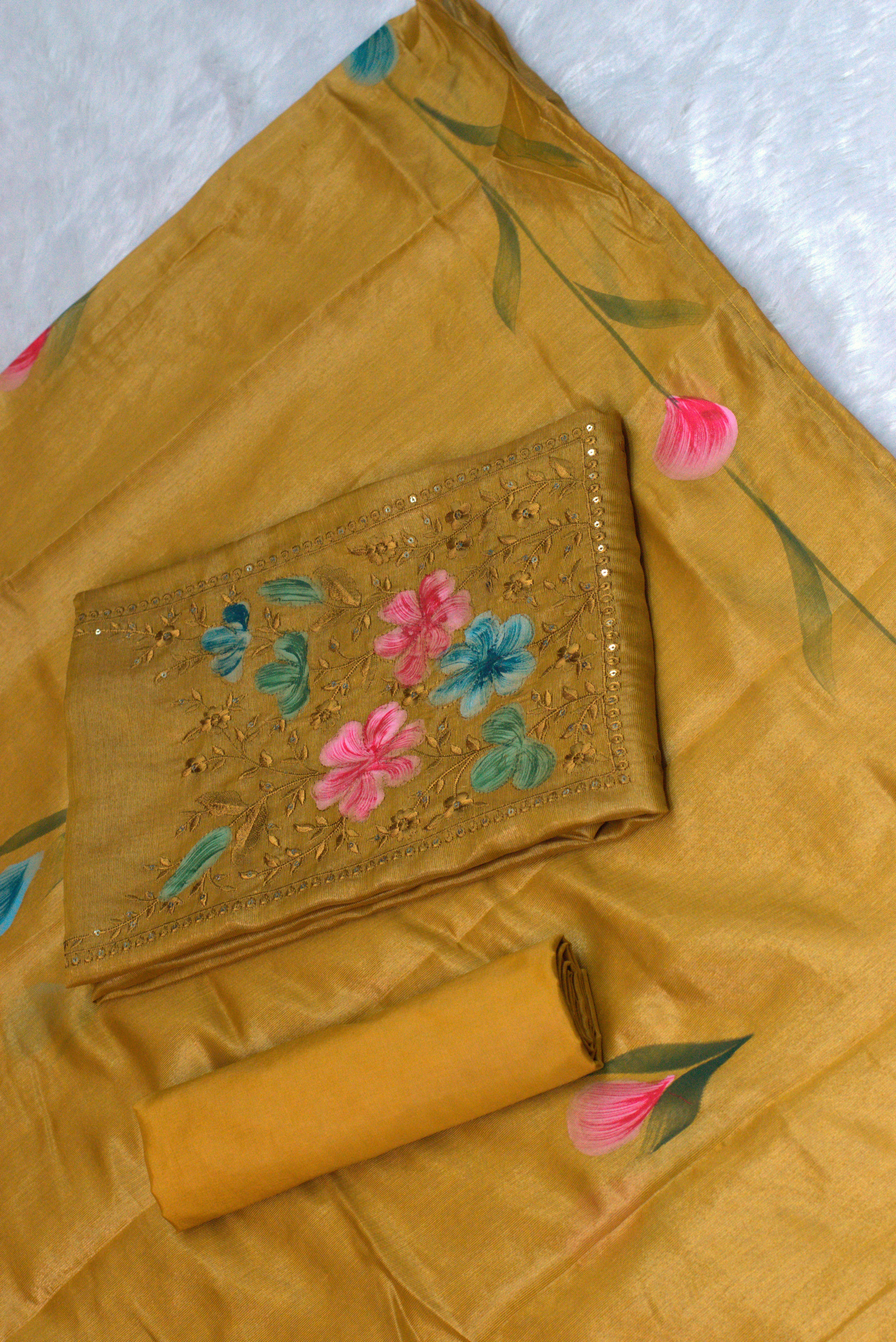 Mustard Semi Silk Churidar Set with Hand-Painted Floral Embroidery-soft silk - View 2 - Silk Floral - Nushio