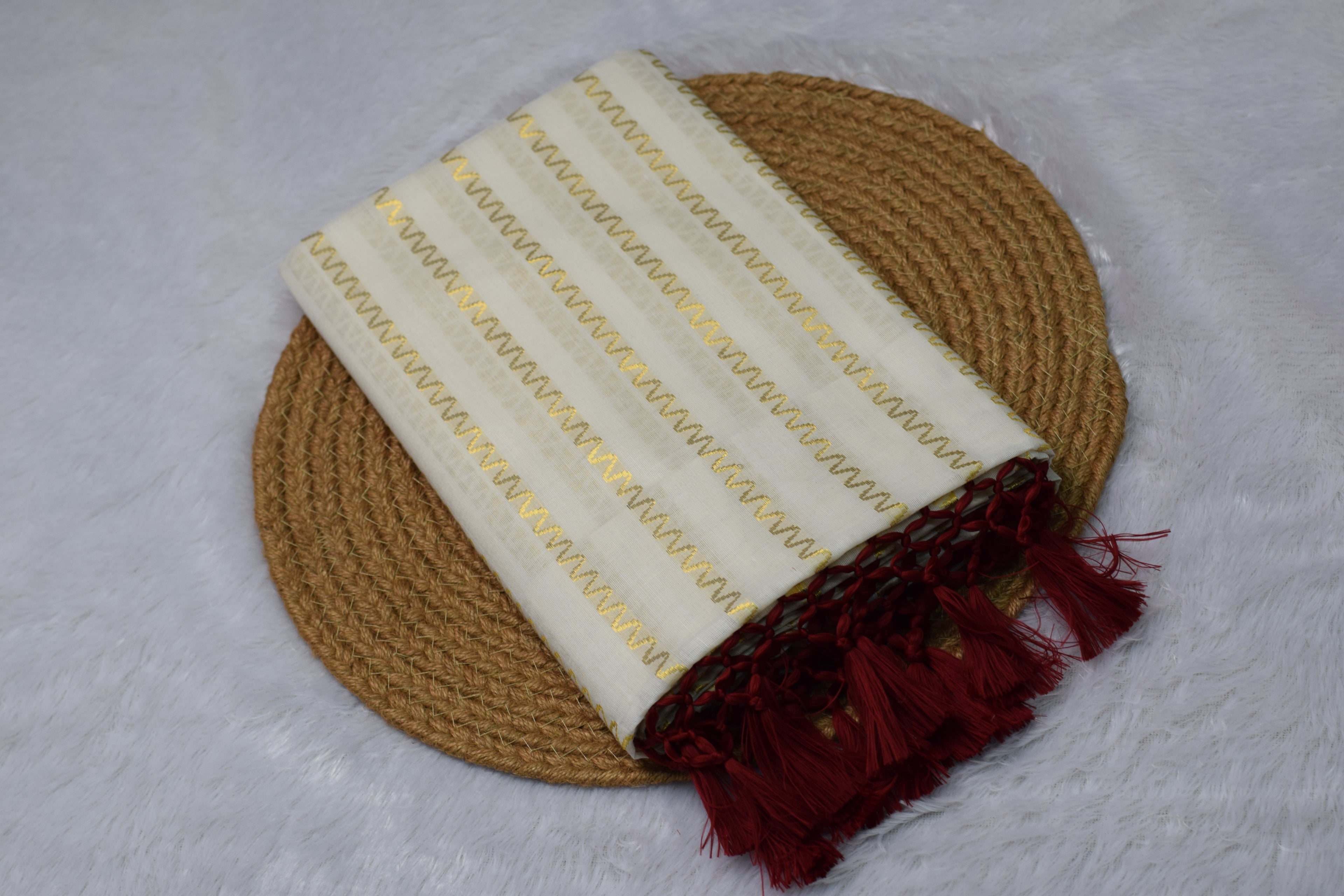Ivory Tissue Kasavu Set Saree with Gold Zari Wave Stripes & Deep Maroon Tassel Border - Main Product Image - Nushio