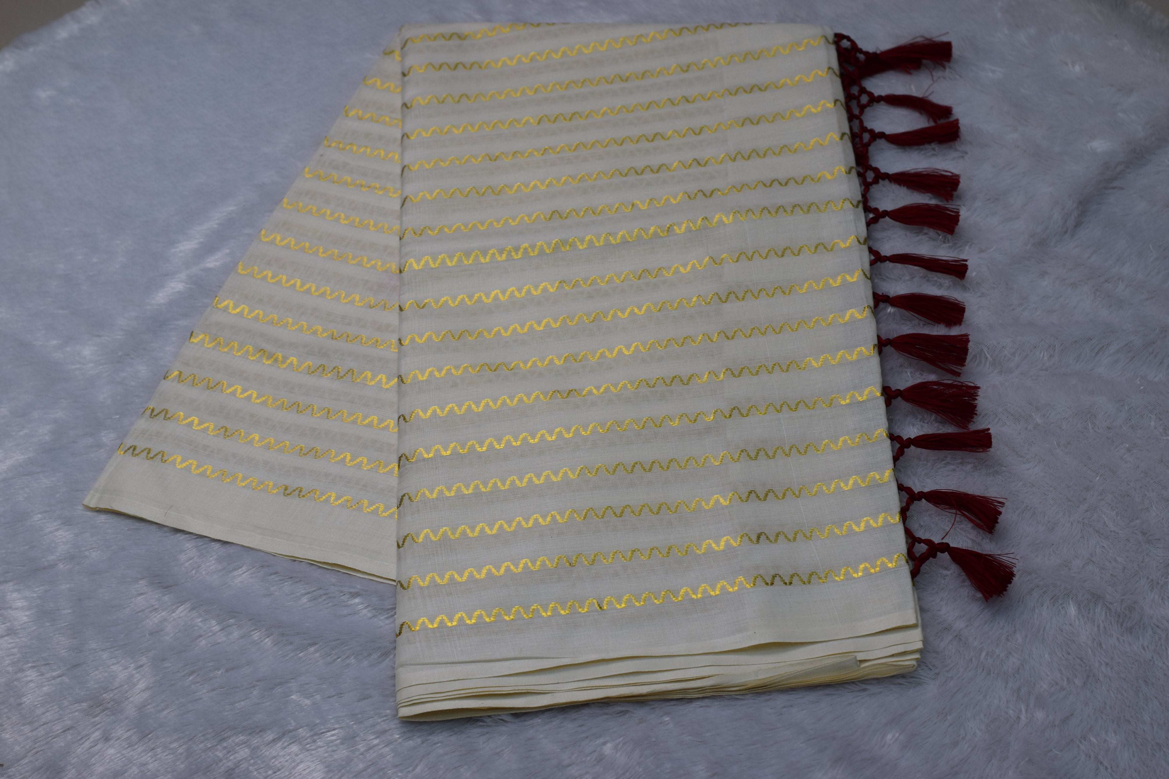 Ivory Tissue Kasavu Set Saree with Gold Zari Wave Stripes & Deep Maroon Tassel Border
