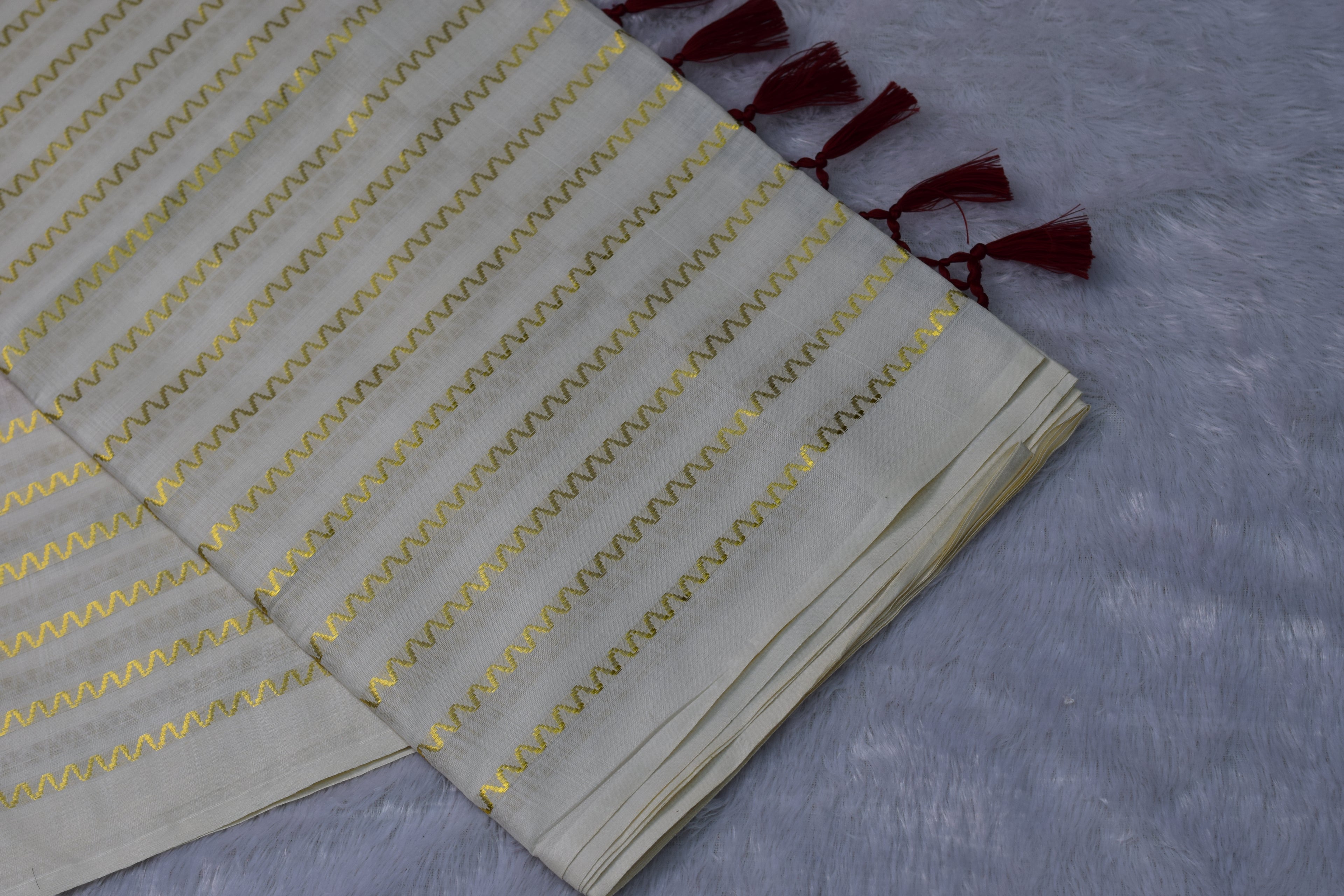 Ivory Tissue Kasavu Set Saree with Gold Zari Wave Stripes & Deep Maroon Tassel Border