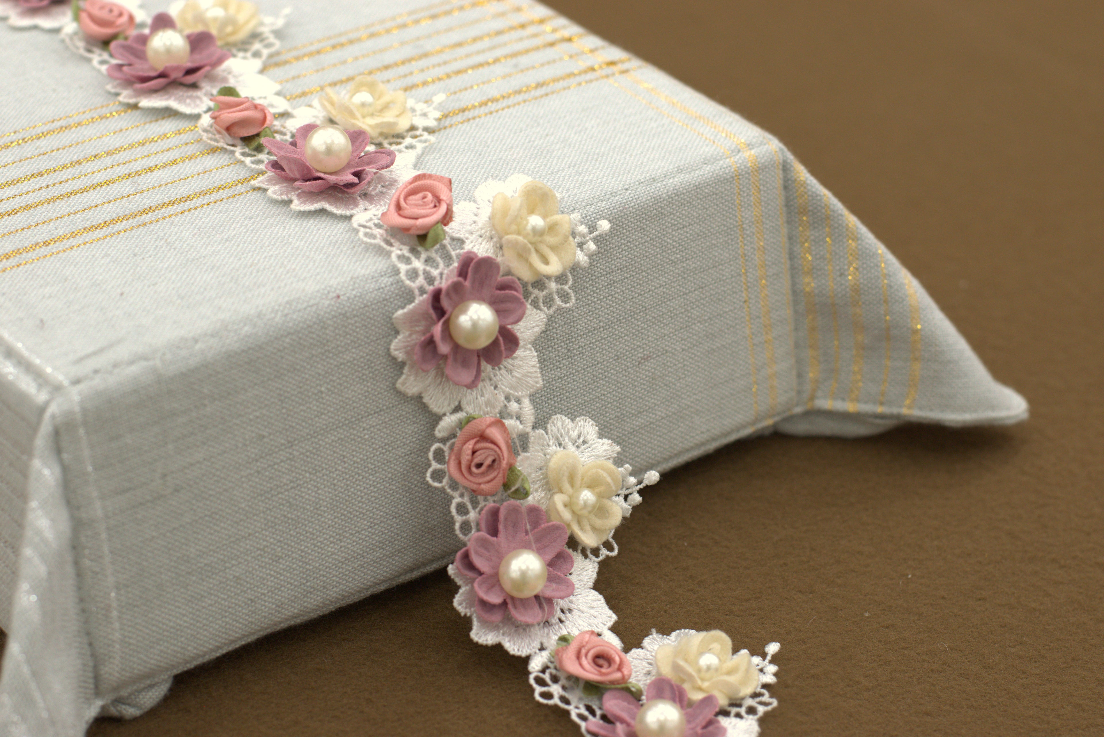 Imported 3D Floral Lace Trim with Pearl Embellishments – 5 Meter / 10 Meter