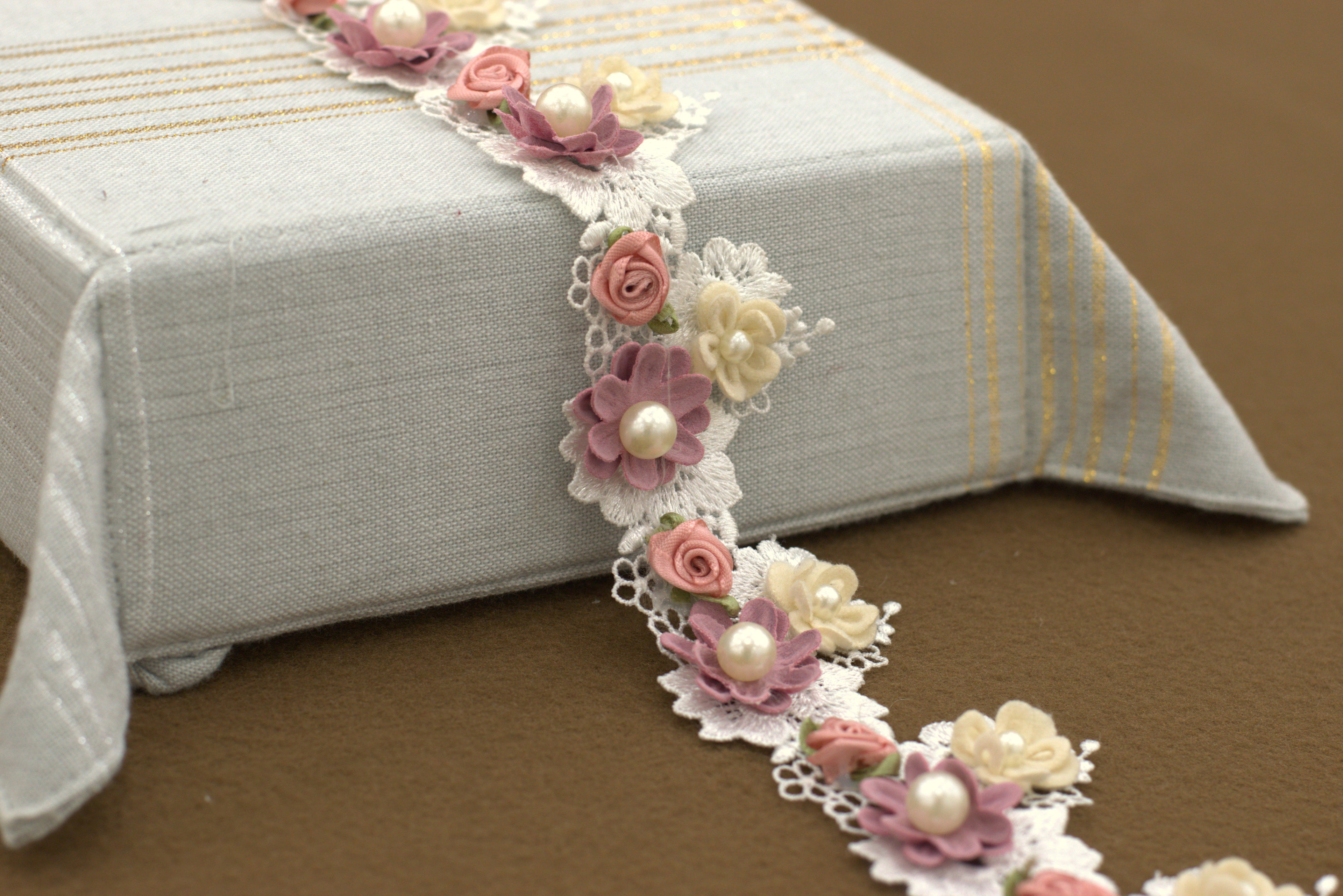 Imported 3D Floral Lace Trim with Pearl Embellishments – 5 Meter / 10 Meter