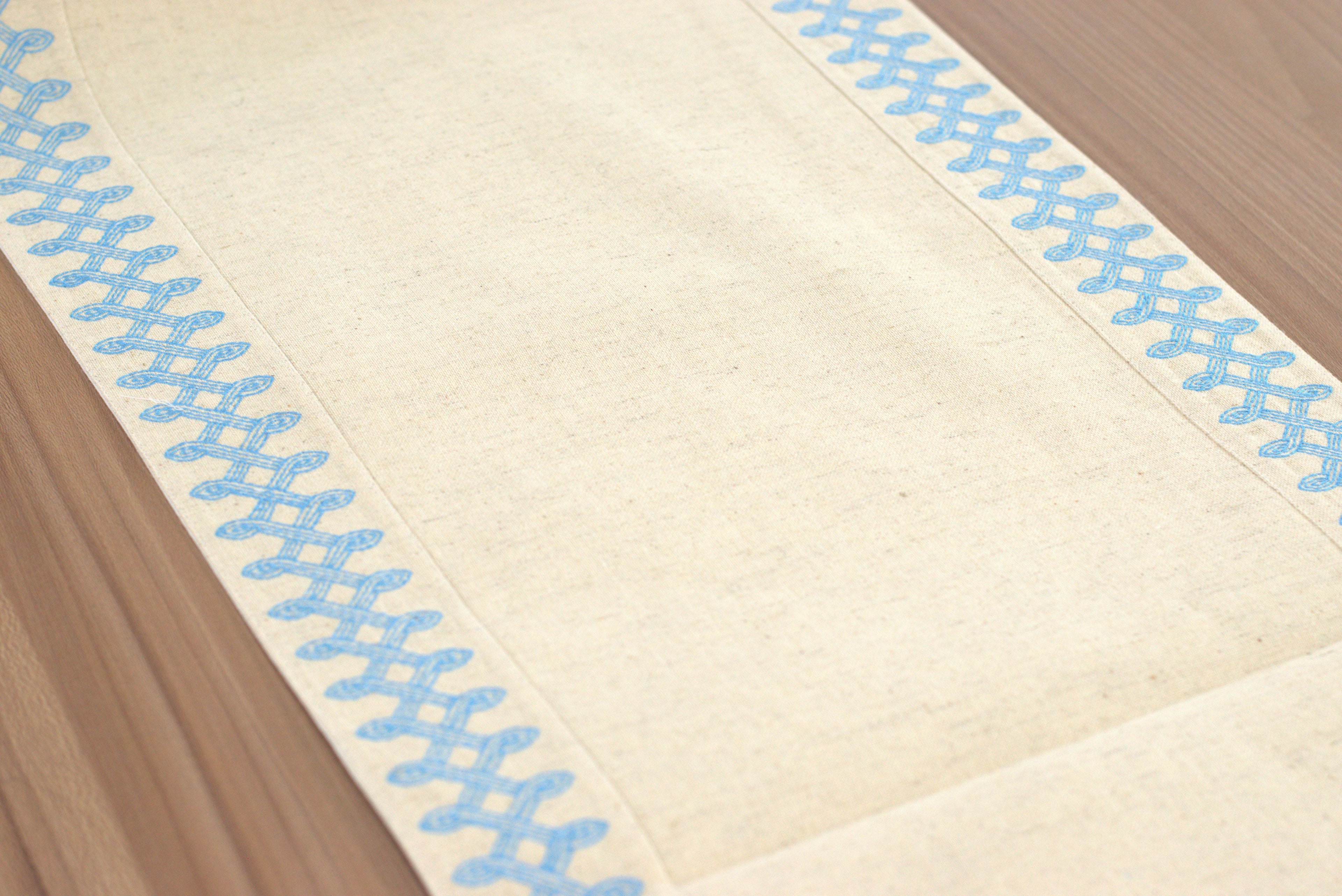 Beige Table Runner with Blue Embroidered Border - View 2 - Embroidered - Nushio