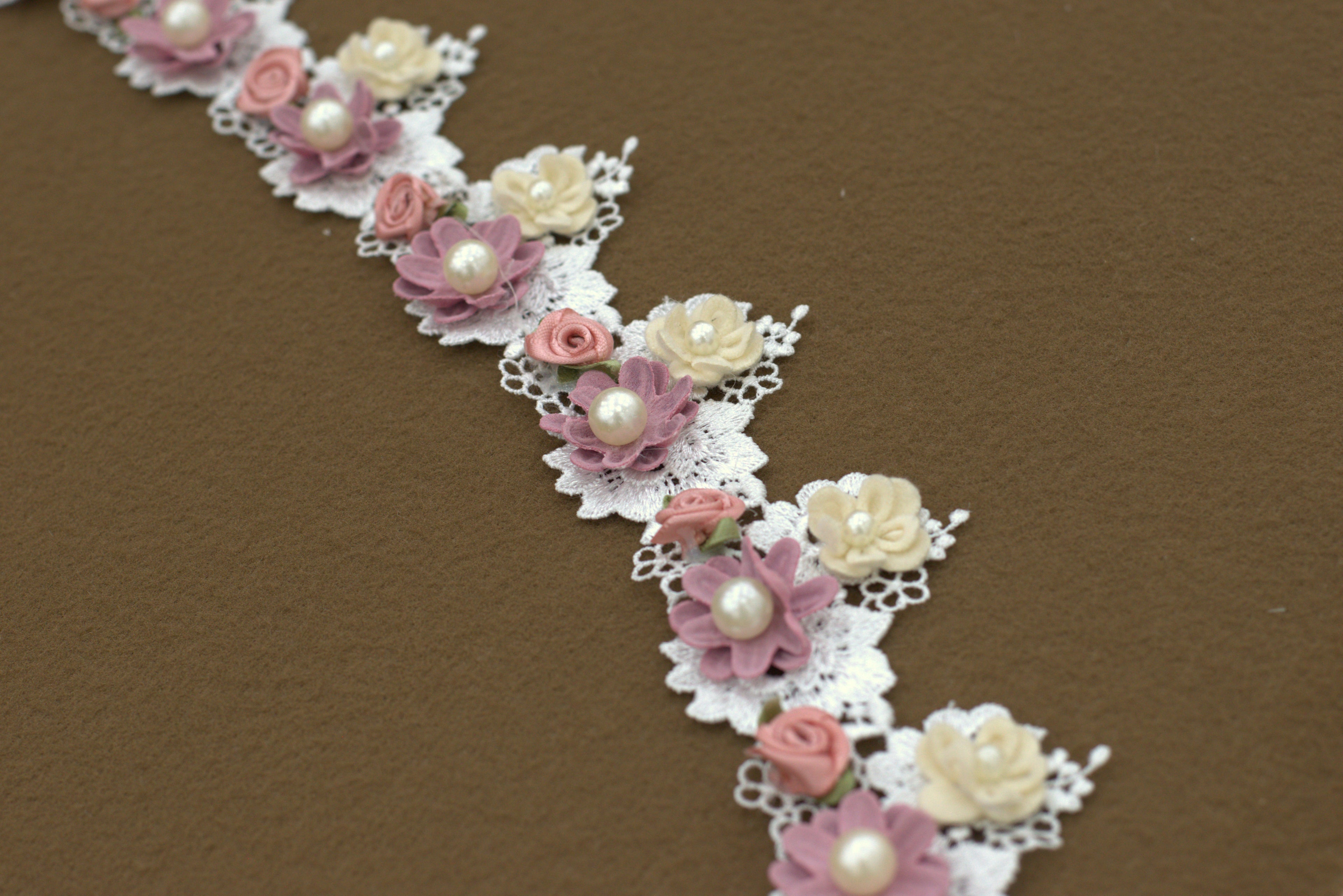 Imported 3D Floral Lace Trim with Pearl Embellishments – 5 Meter / 10 Meter