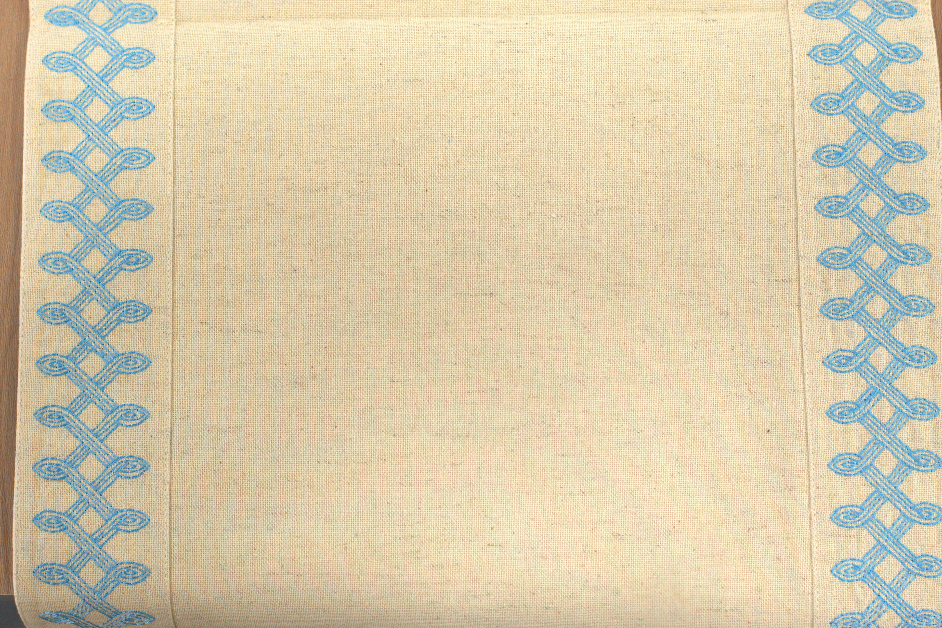 Beige Table Runner with Blue Embroidered Border - View 3 - Embroidered - Nushio