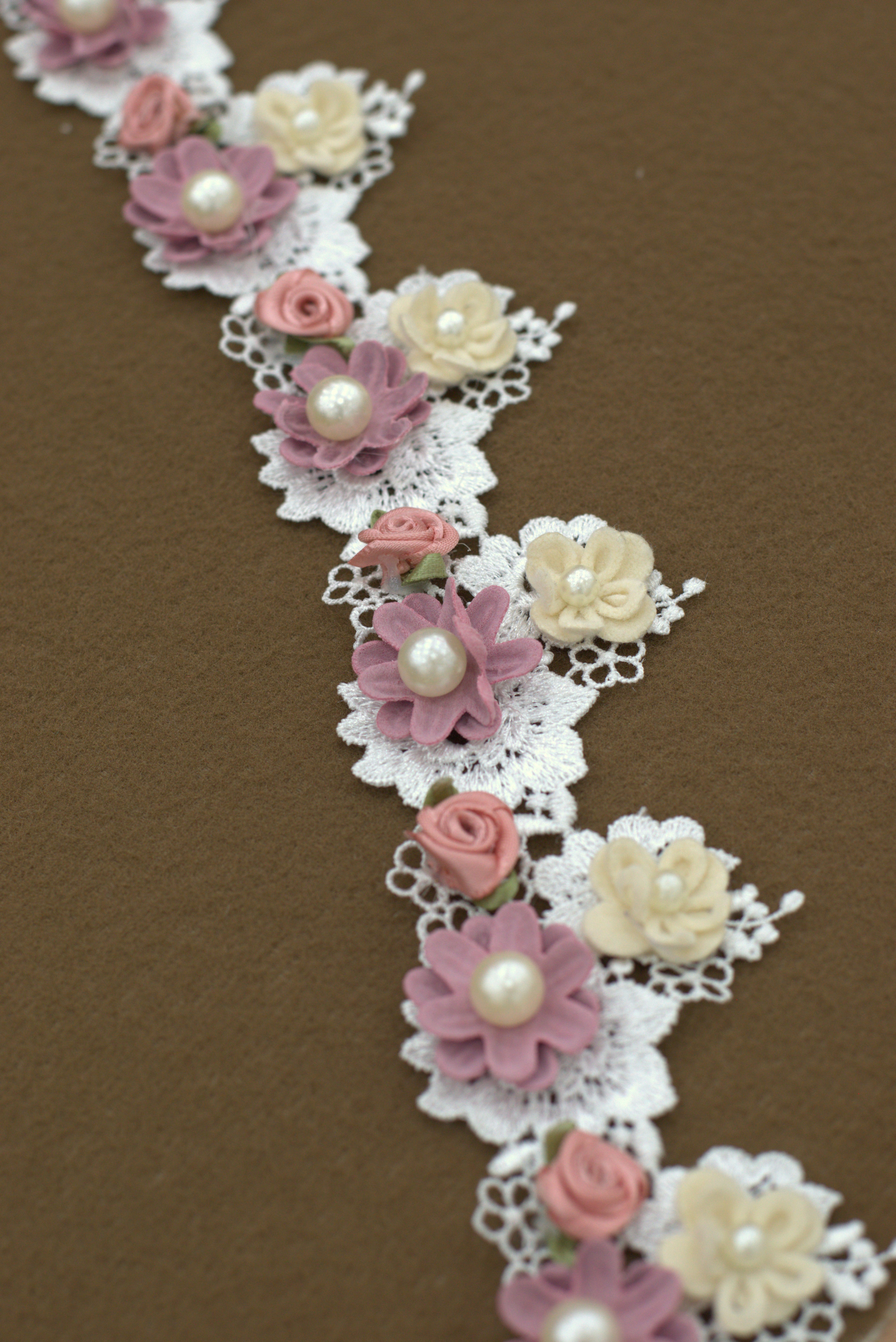 Imported 3D Floral Lace Trim with Pearl Embellishments – 5 Meter / 10 Meter