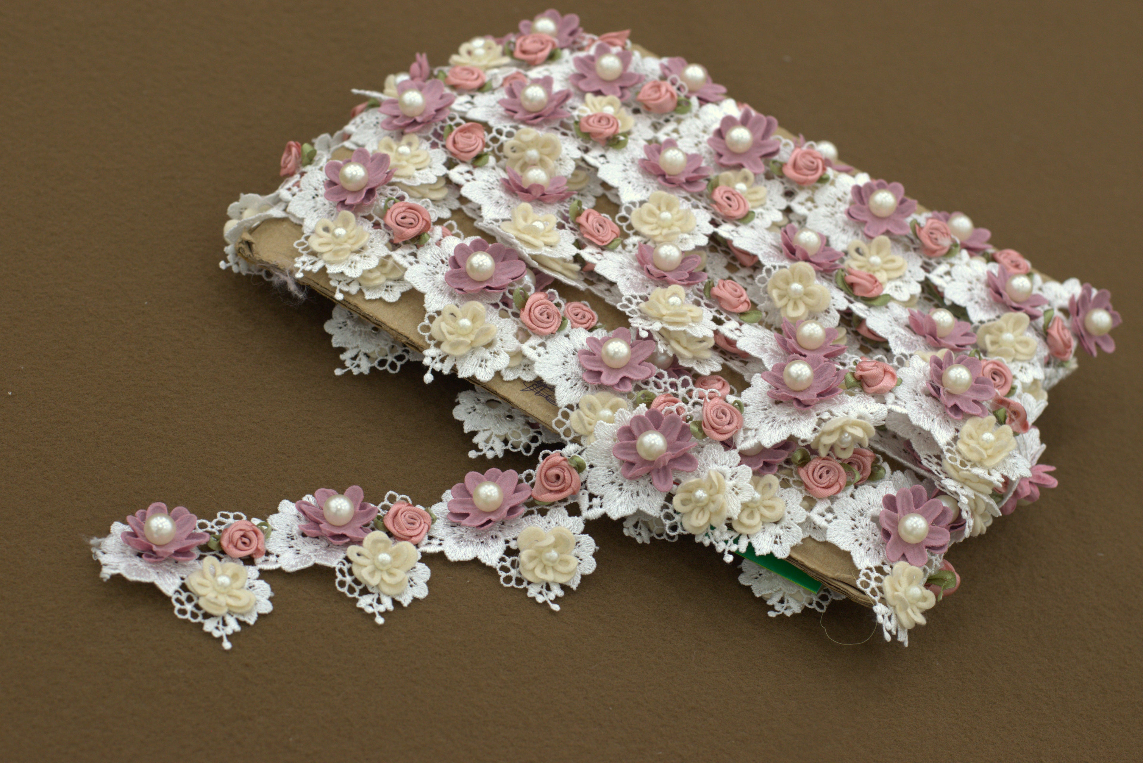 Imported 3D Floral Lace Trim with Pearl Embellishments – 5 Meter / 10 Meter