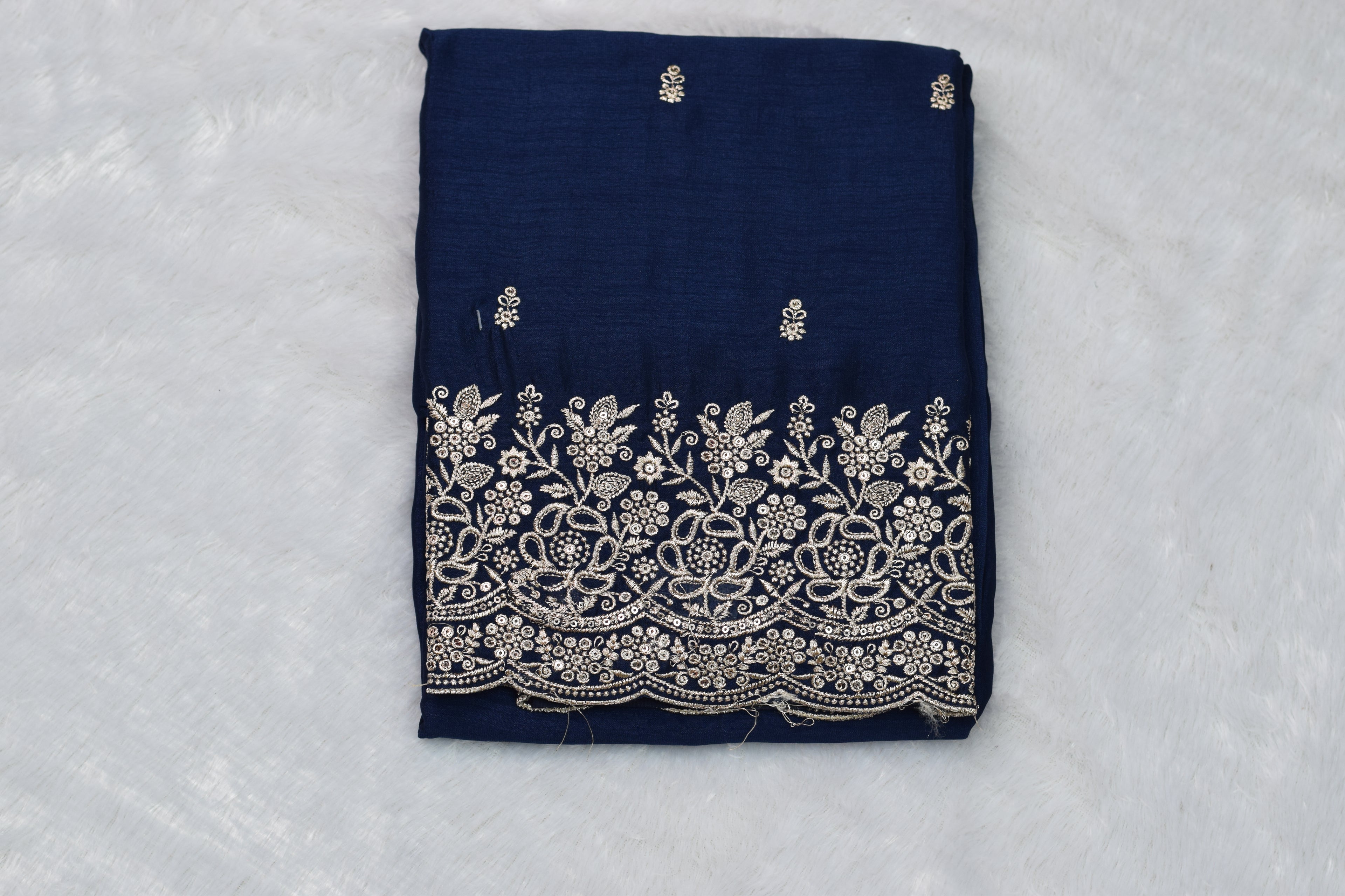 Navy Blue Vichitra Silk Churidar Material with Heavy Embroidery Border