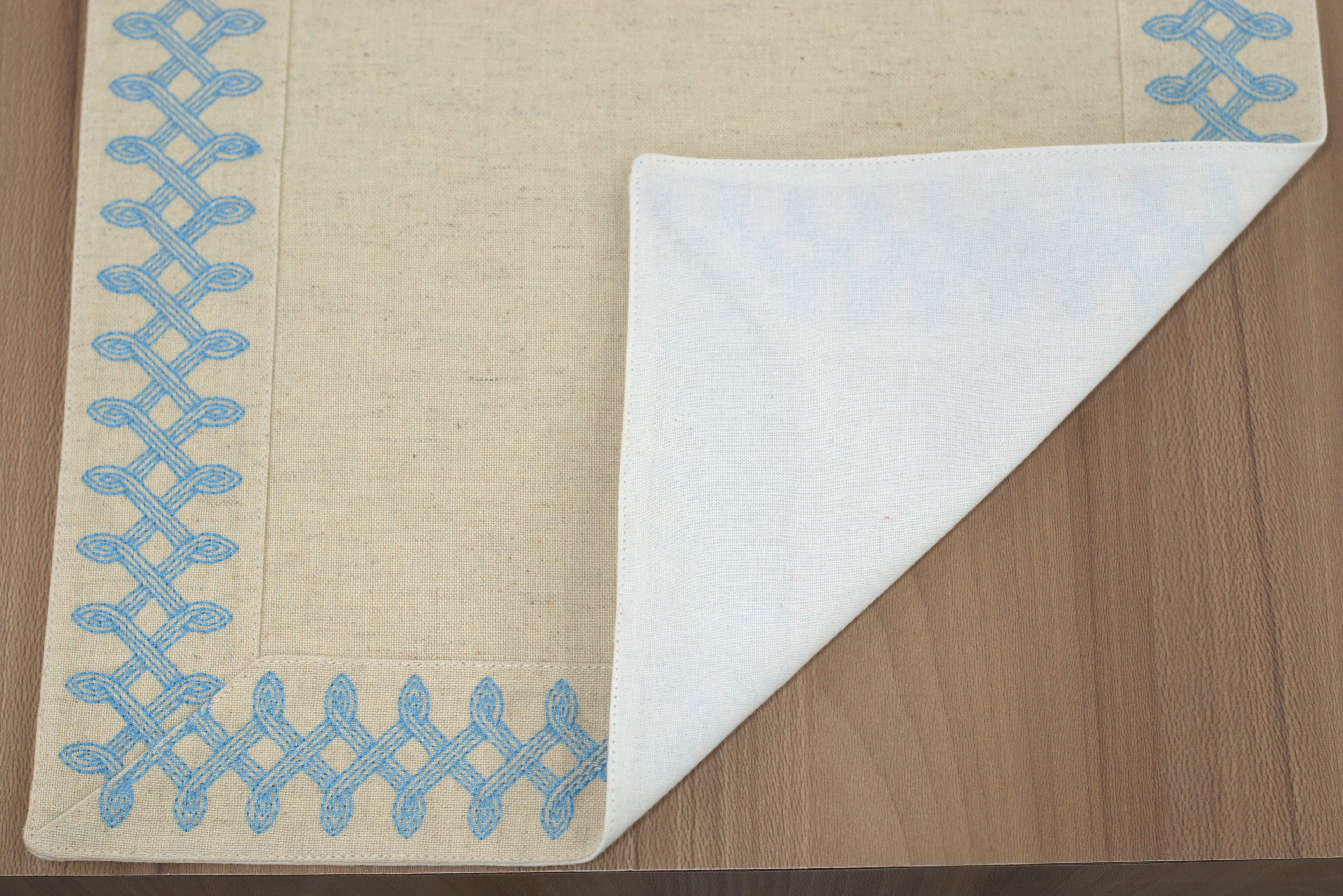 Beige Table Runner with Blue Embroidered Border | Nushio