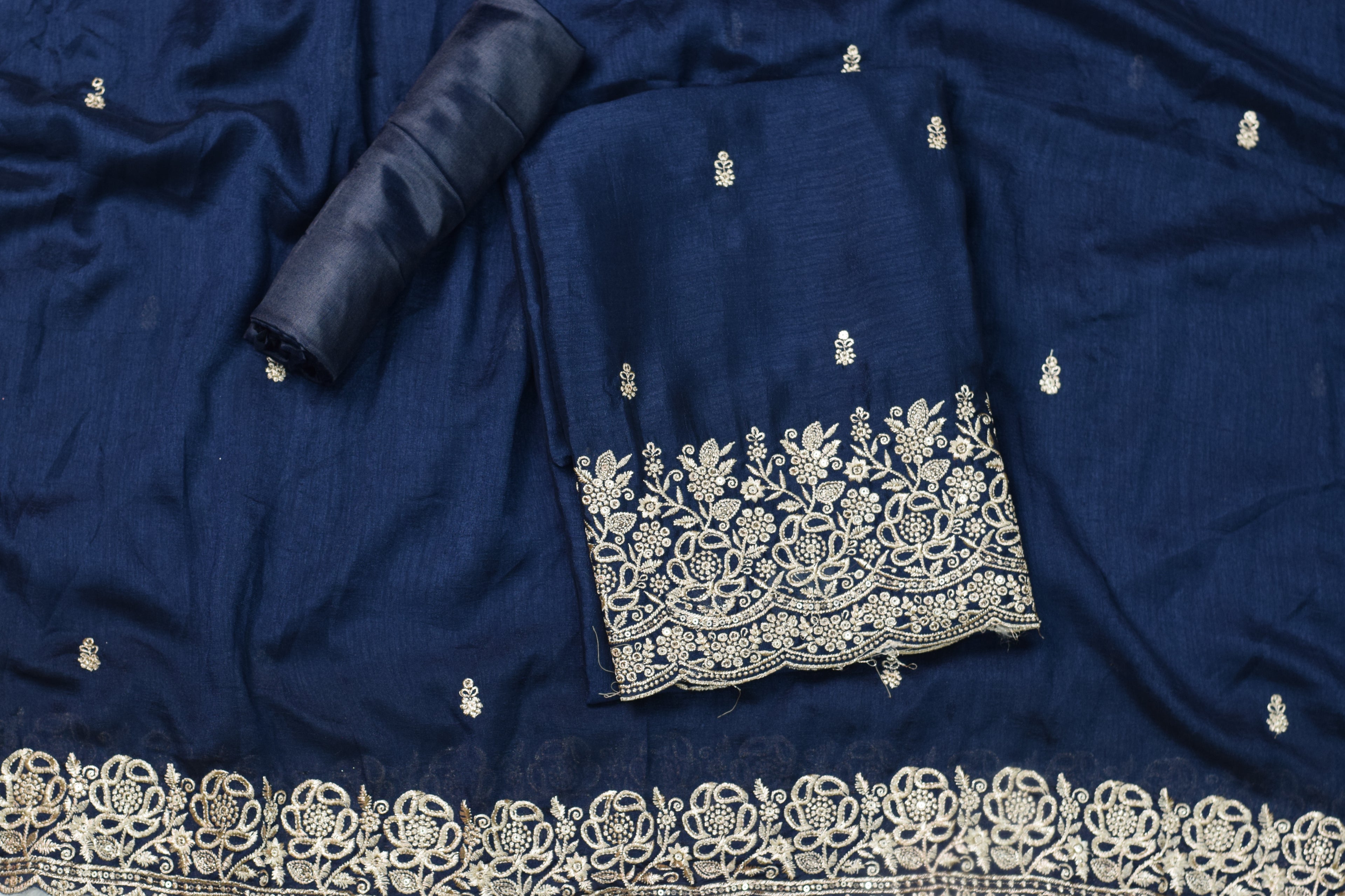 Navy Blue Vichitra Silk Churidar Material with Heavy Embroidery Border - View 3 - Silk - Nushio