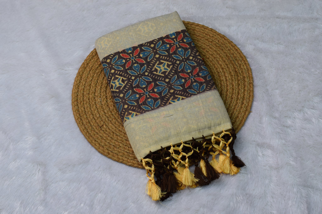 Ajrakh Print Linen Saree Set with Matching Blouse Piece - Handcrafted Block Print - Main Product Image - Linen - Nushio