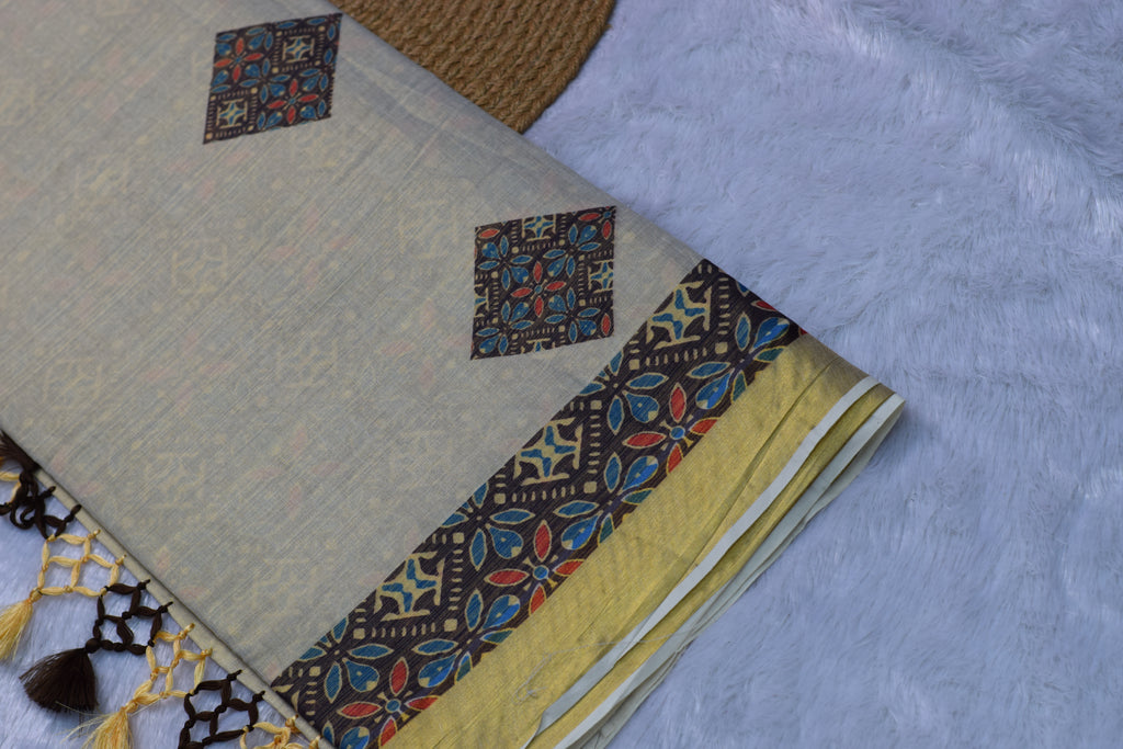 Ajrakh Print Linen Saree with Blouse Piece – Handcrafted Block Print | Nushio