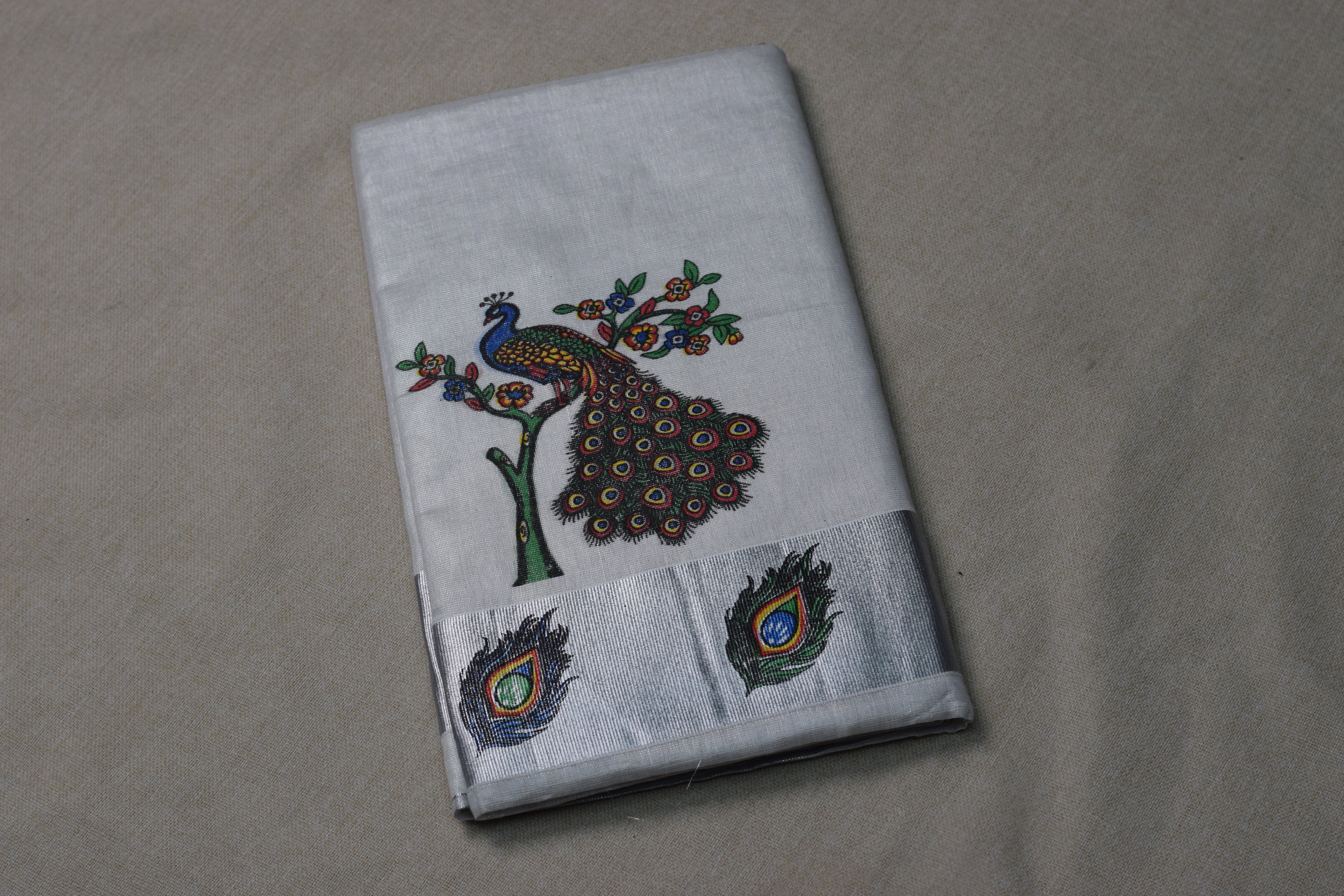 Kerala Kasavu Set Saree - Pichwai-Style Peacock Digital Print - Silver Zari Border - View 2 - Nushio