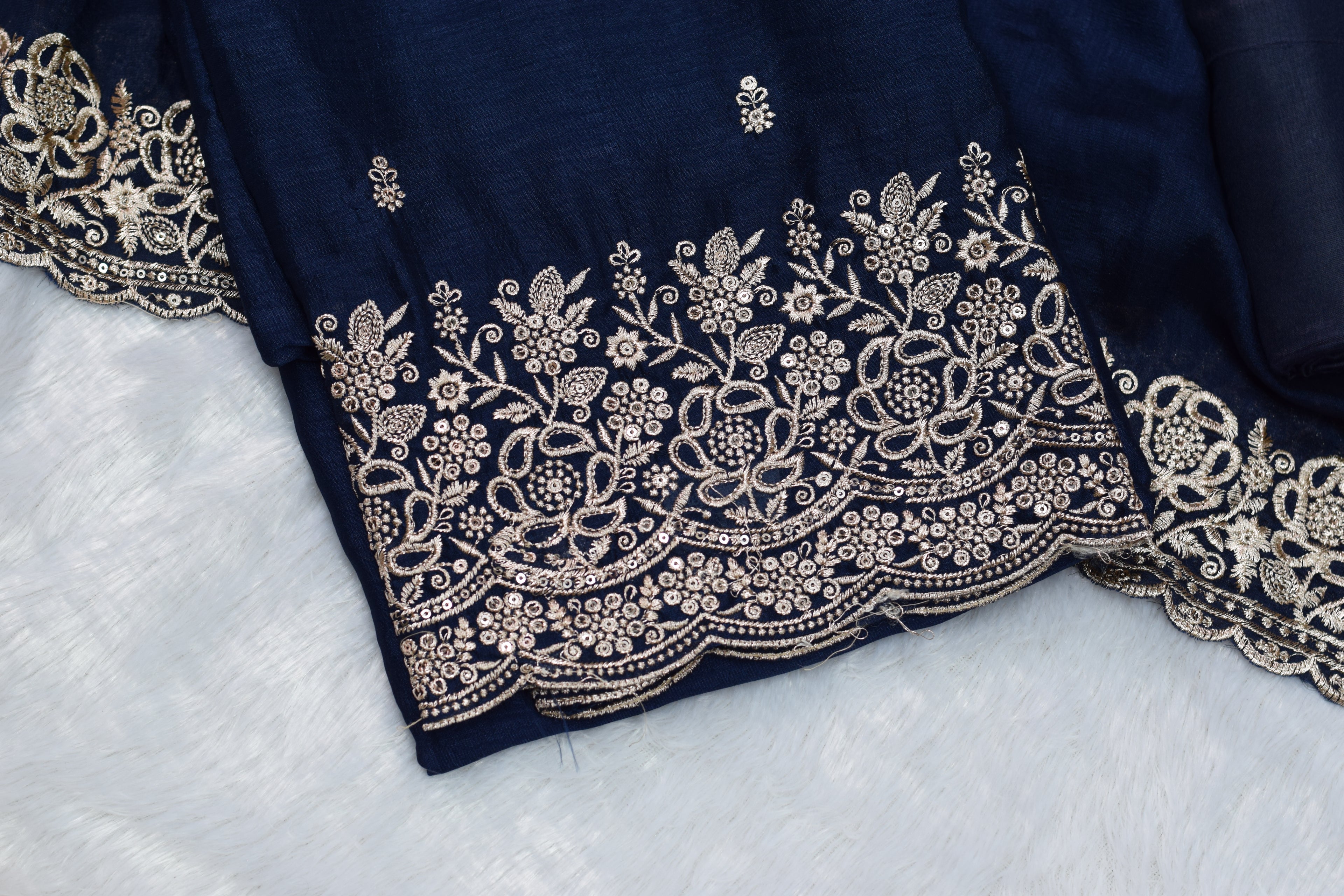 Navy Blue Vichitra Silk Churidar Material with Heavy Embroidery Border - Main Product Image - Silk - Nushio