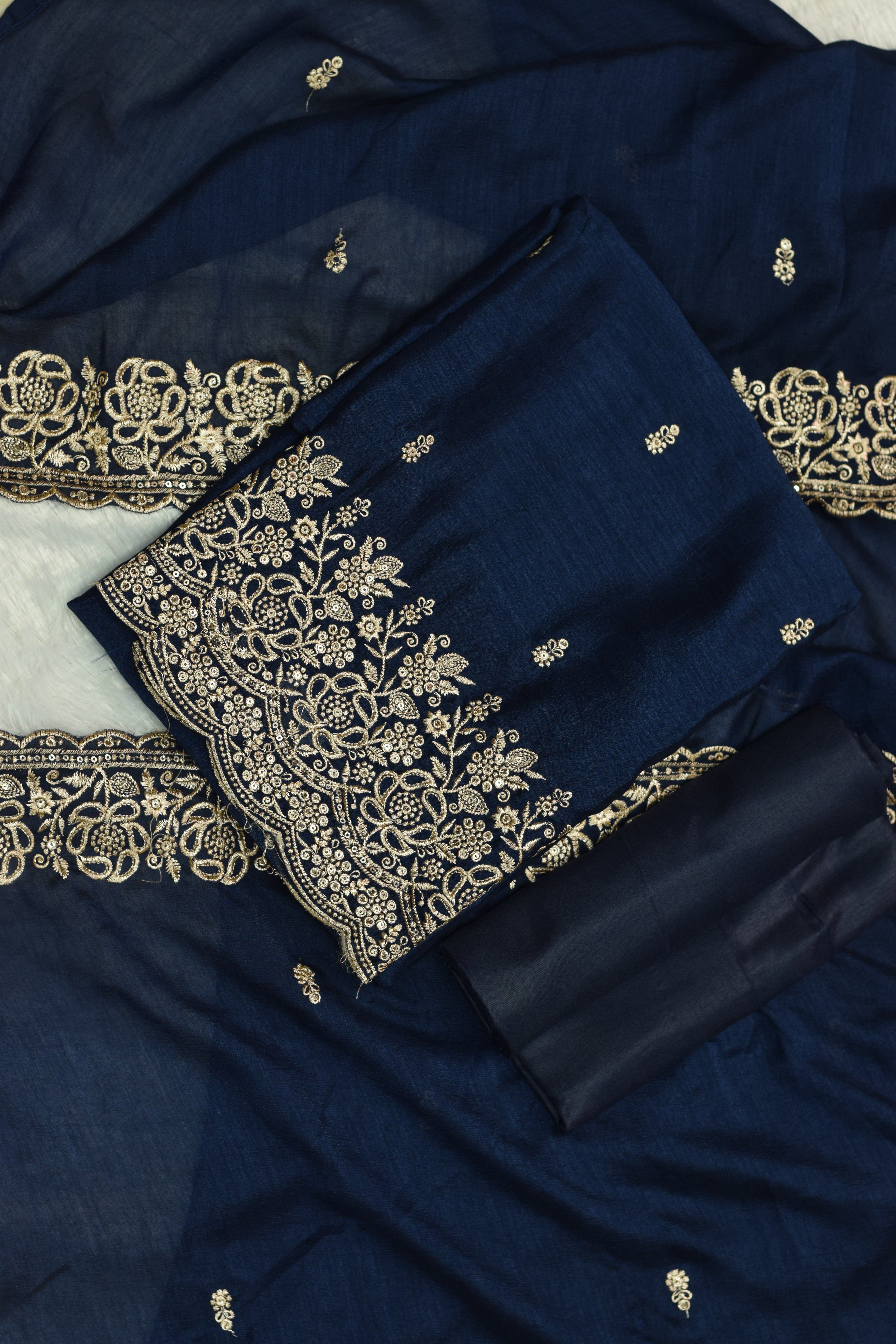 Navy Blue Vichitra Silk Churidar Material with Heavy Embroidery Border - View 2 - Silk - Nushio