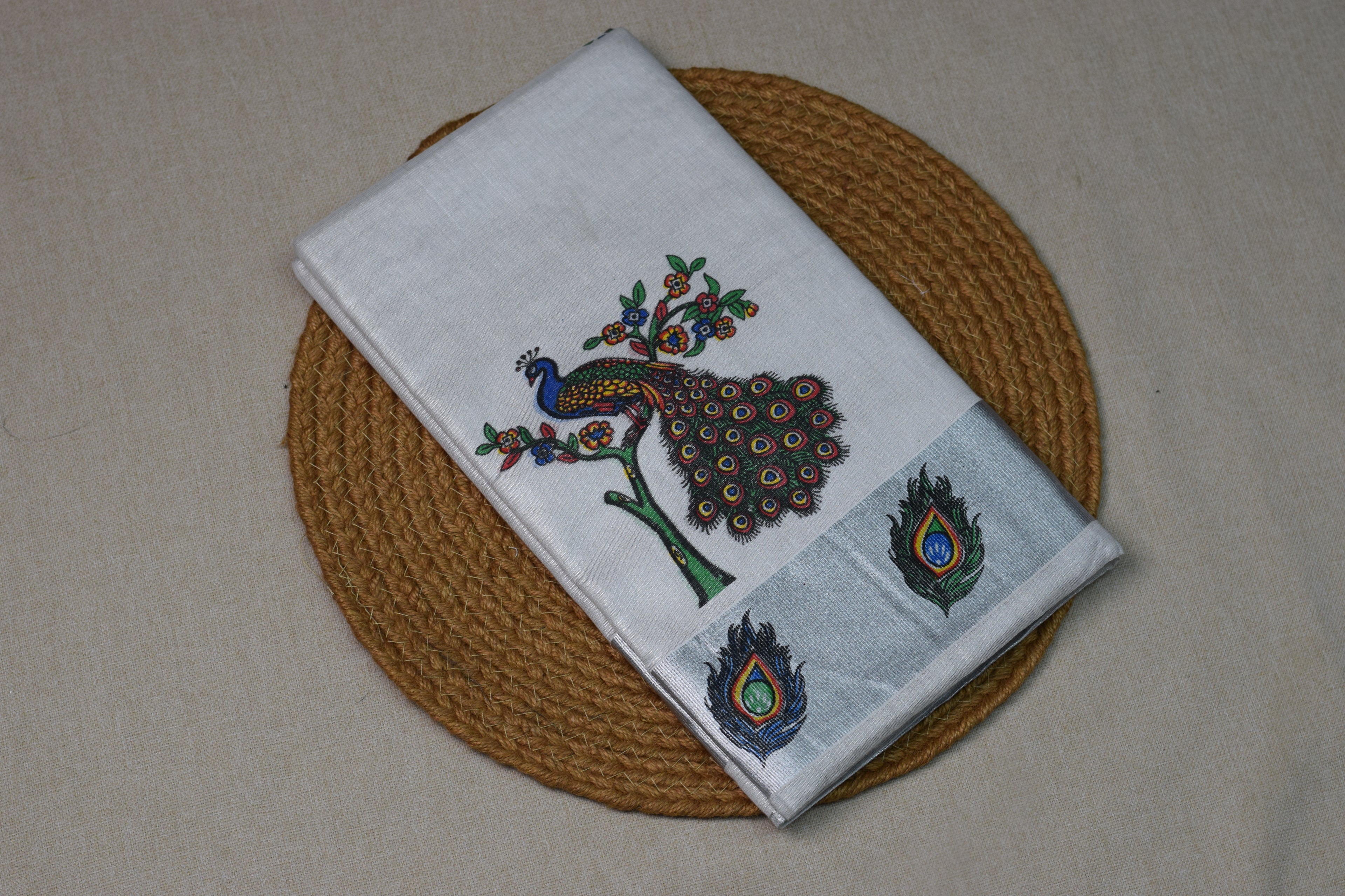 Kerala Kasavu Set Saree - Pichwai-Style Peacock Digital Print - Silver Zari Border - Main Product Image - Nushio