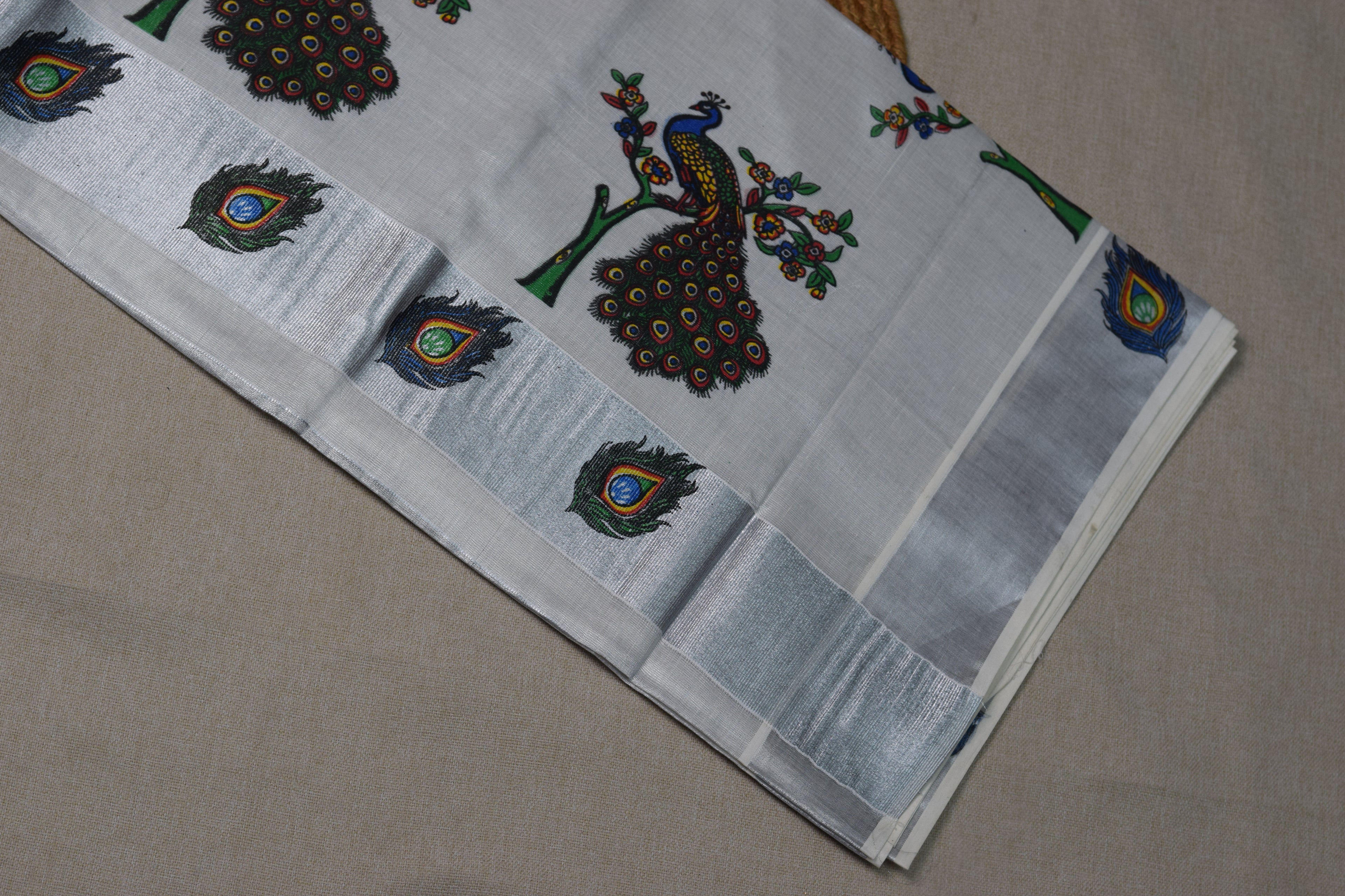 Kerala Kasavu Set Saree - Pichwai-Style Peacock Digital Print - Silver Zari Border - View 3 - Nushio