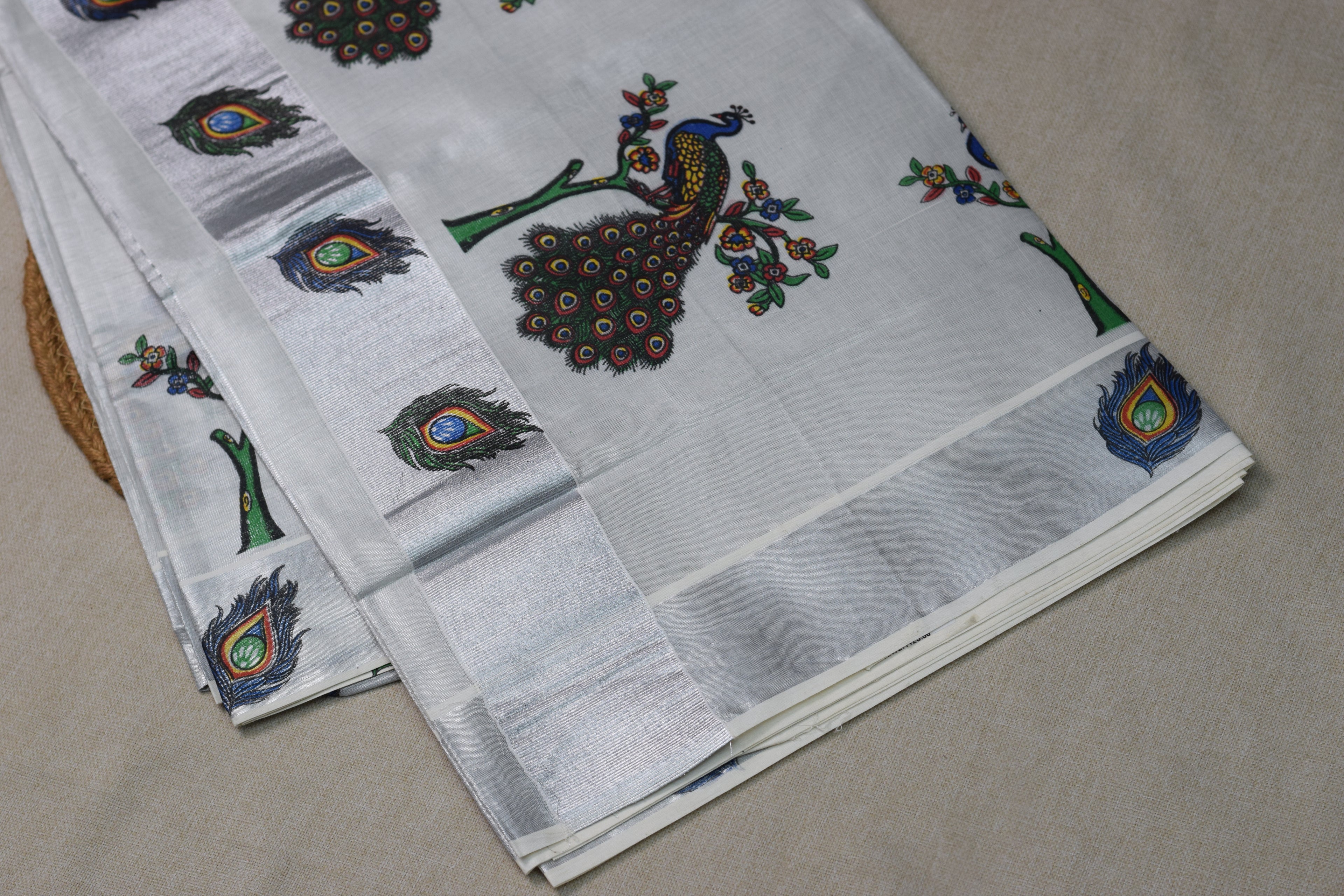 Kerala Kasavu Set Saree - Pichwai-Style Peacock Digital Print - Silver Zari Border