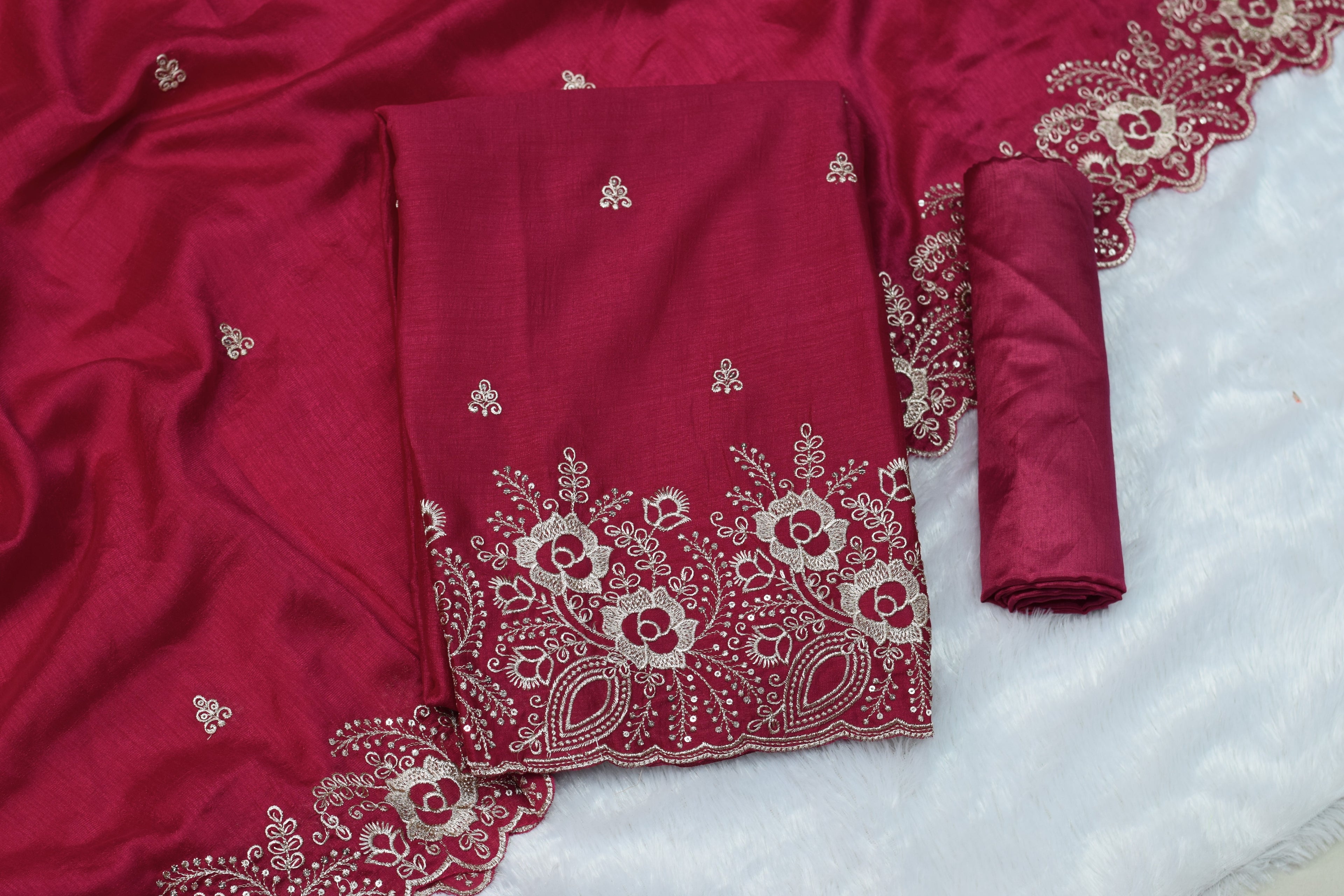 Wine Pink Vichitra Silk Churidar Set Material with Elegant Embroidery Work
