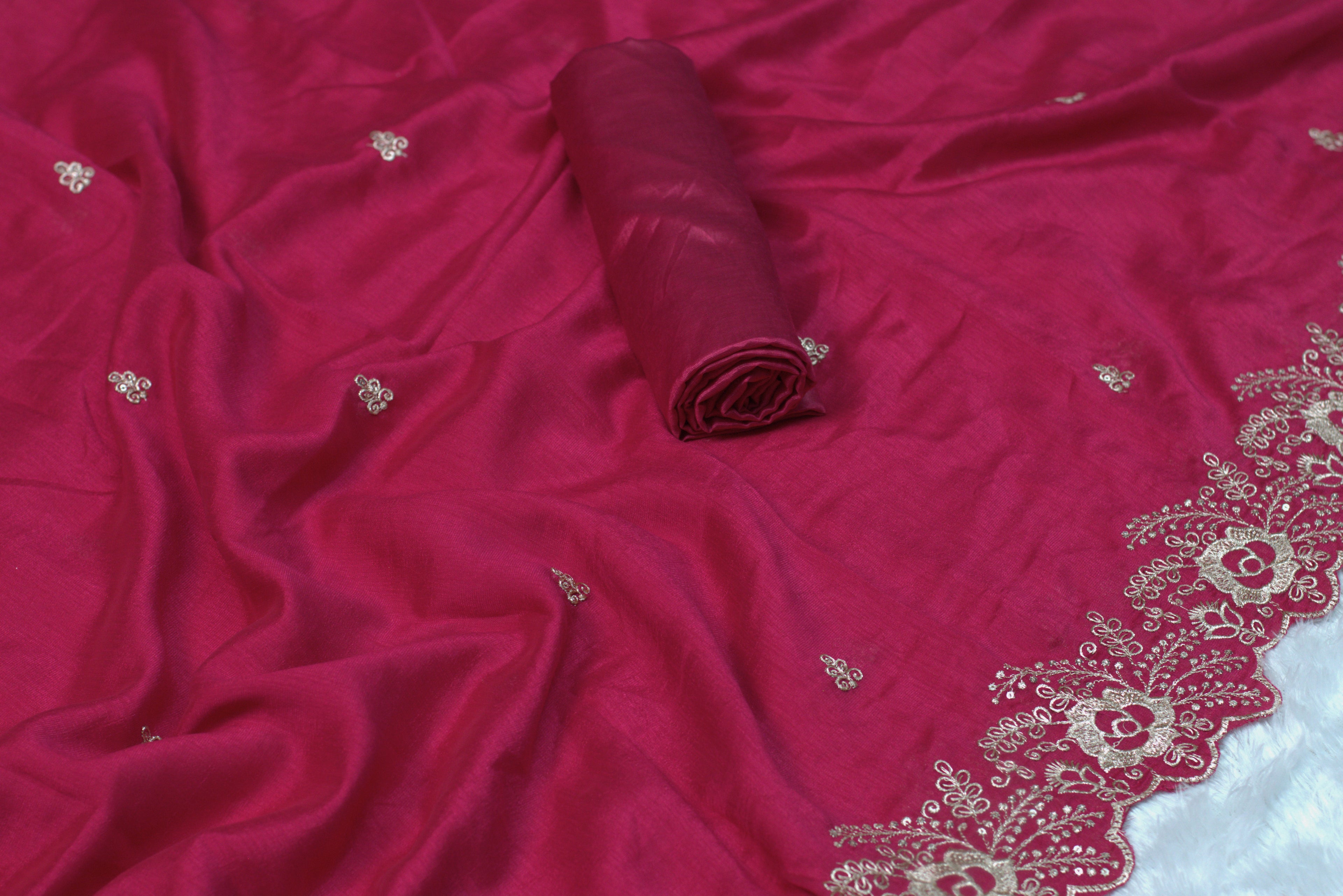 Wine Pink Vichitra Silk Churidar Set Material with Elegant Embroidery Work