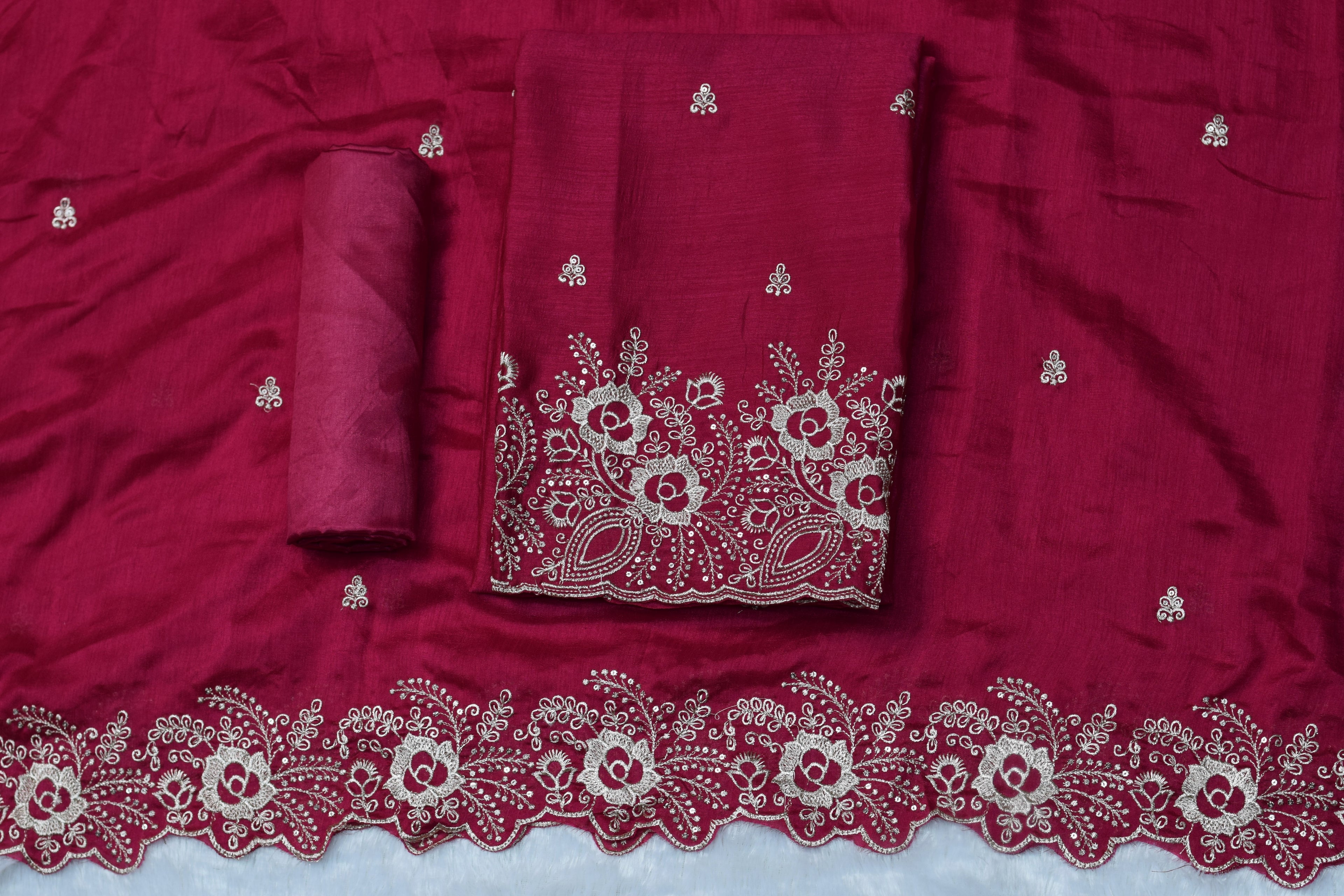 Wine Pink Vichitra Silk Churidar Set Material with Elegant Embroidery Work