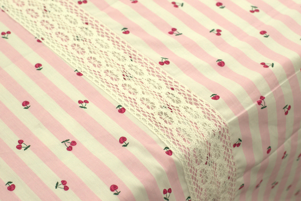 Cherry Stripe King Size Bedspread with Lace Detail – Soft Cotton Blend