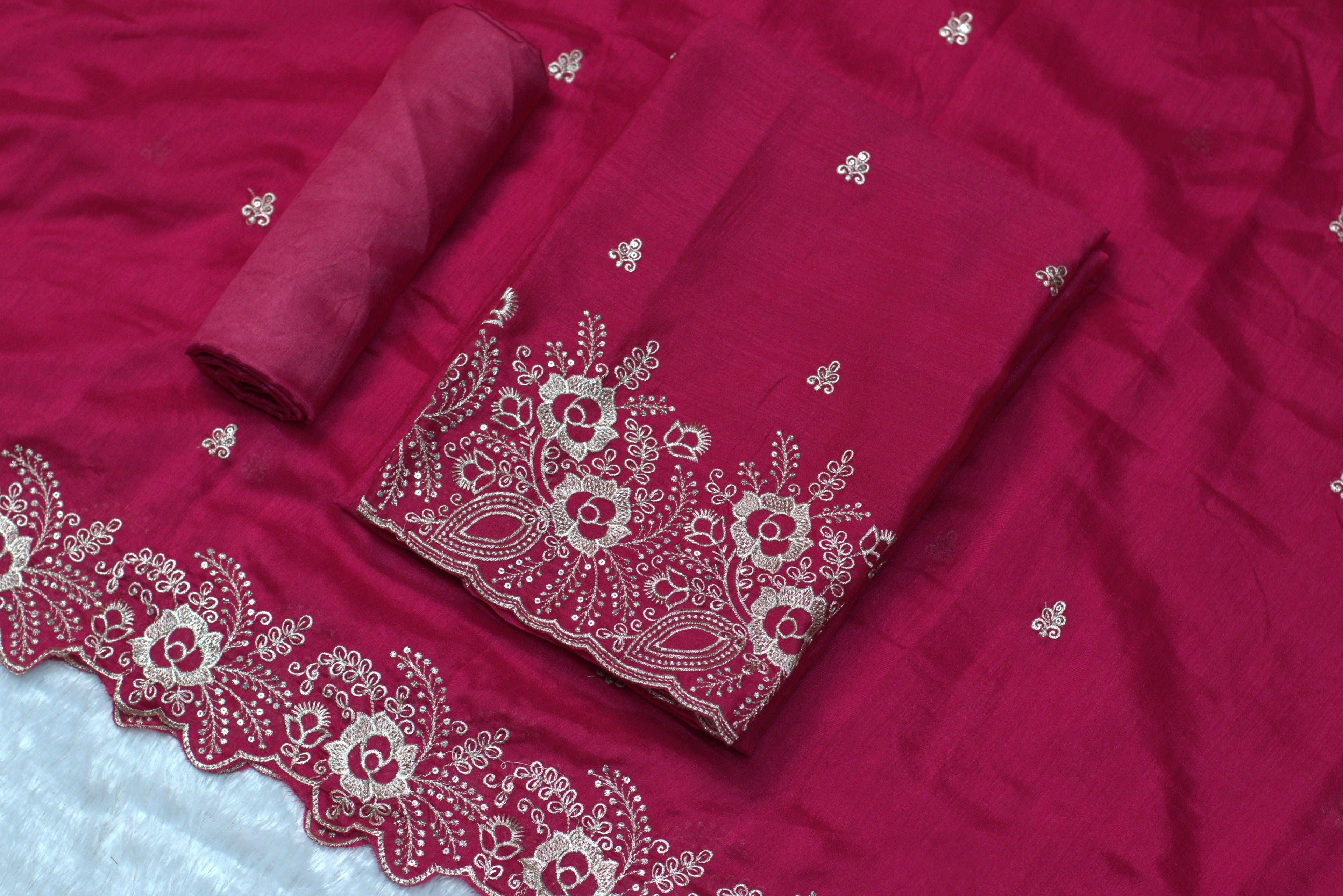 Wine Pink Vichitra Silk Churidar Set Material with Elegant Embroidery Work