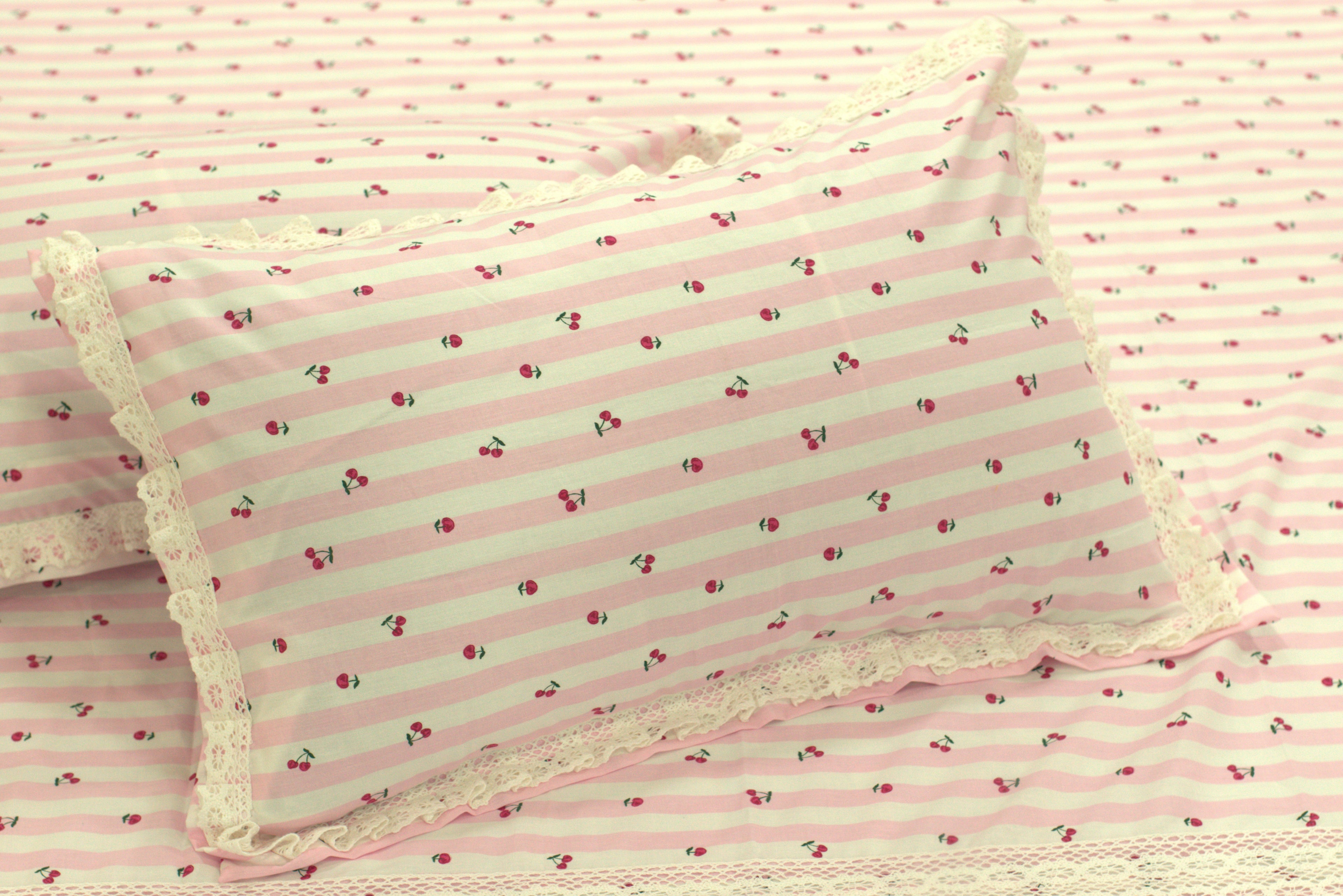 Cherry Stripe King Size Bedspread with Lace Detail – Soft Cotton Blend