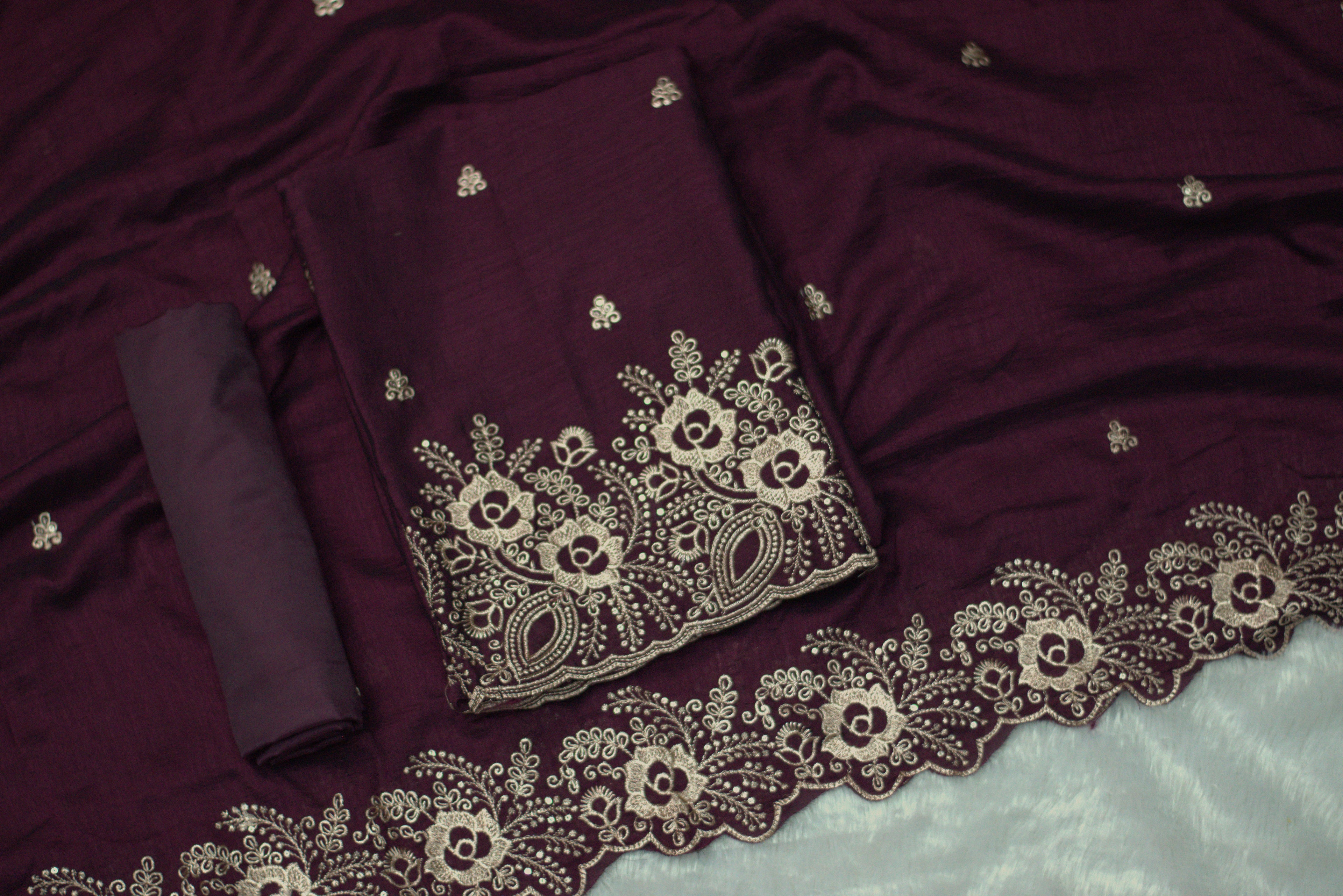 Premium Vichitra Silk Churidar Material  set with Elegant Embroidery – Wine Purple
