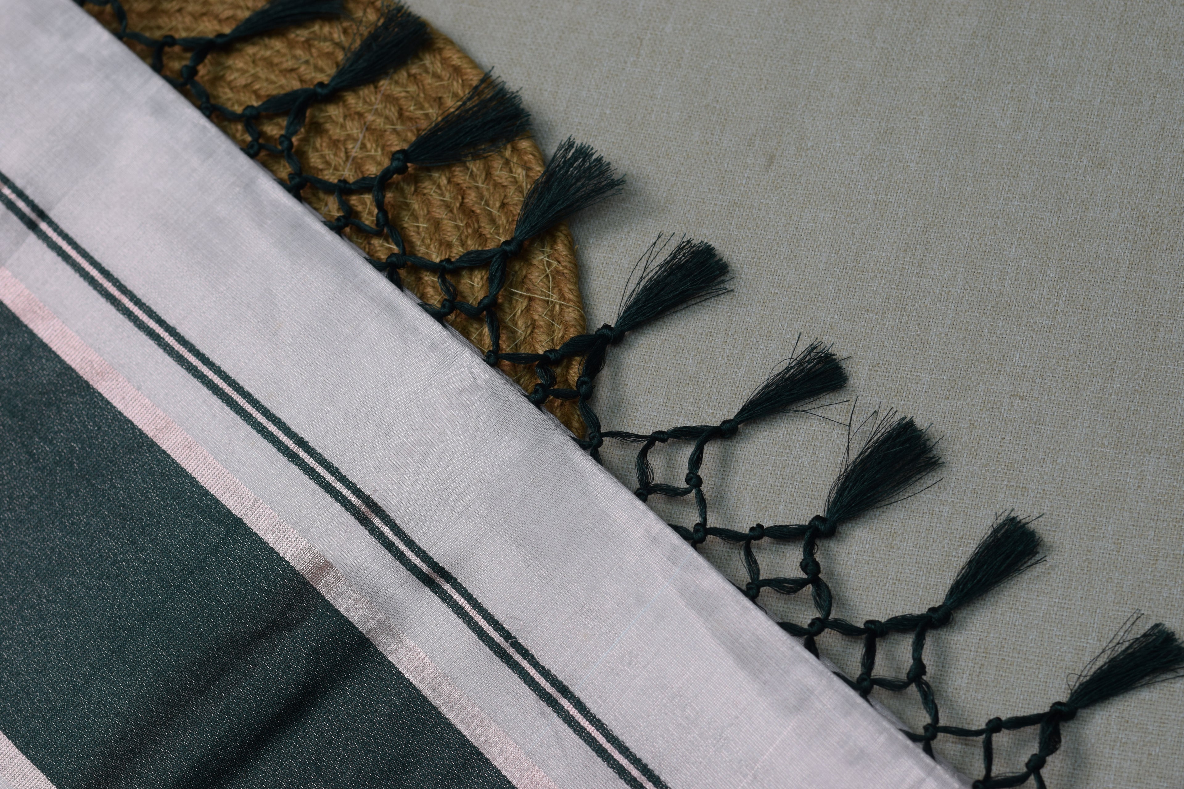 White &amp; Green Kerala Tissue Set Saree with Silver Border & Tassels