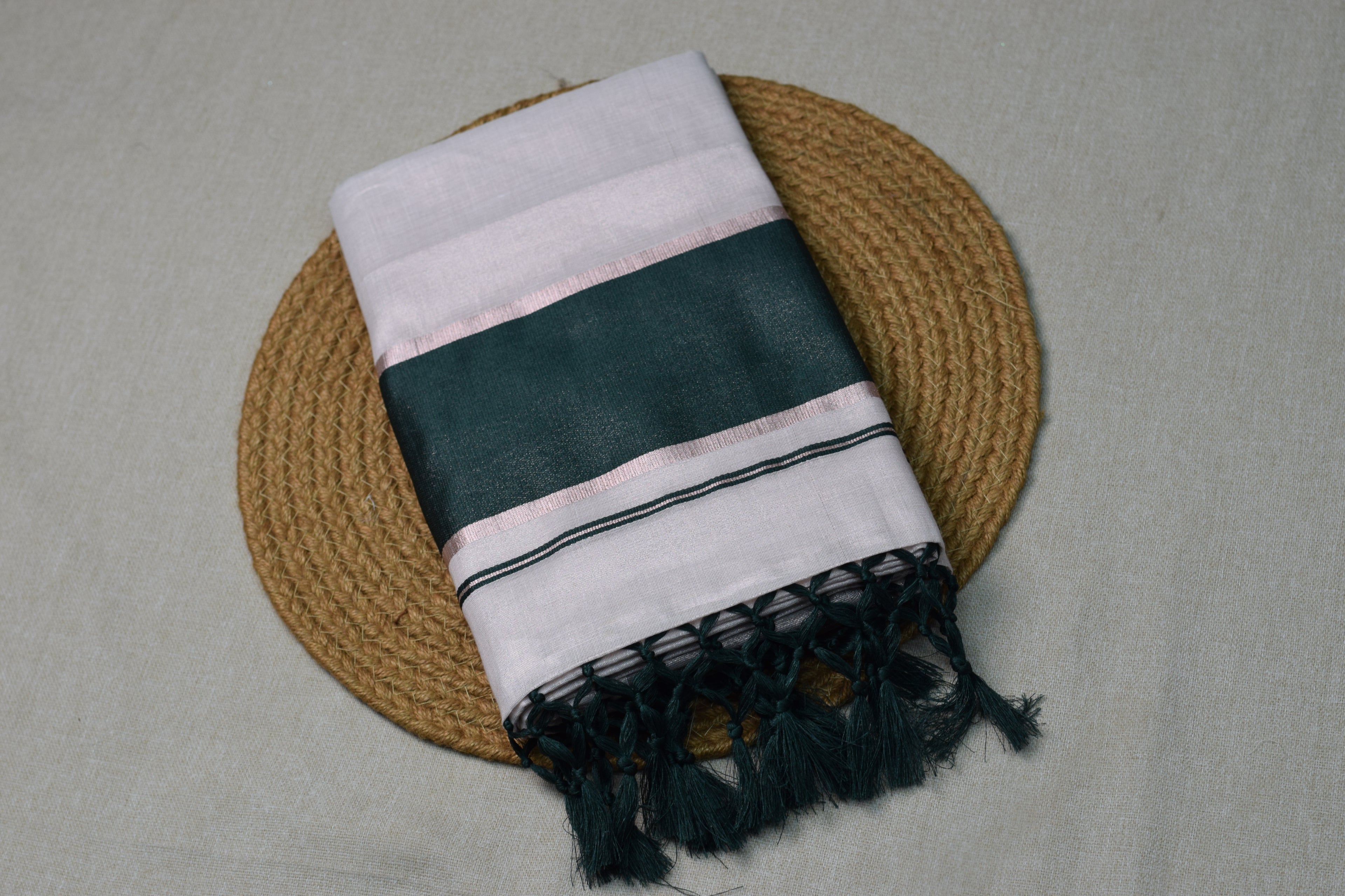 White &amp; Green Kerala Tissue Set Saree with Silver Border & Tassels