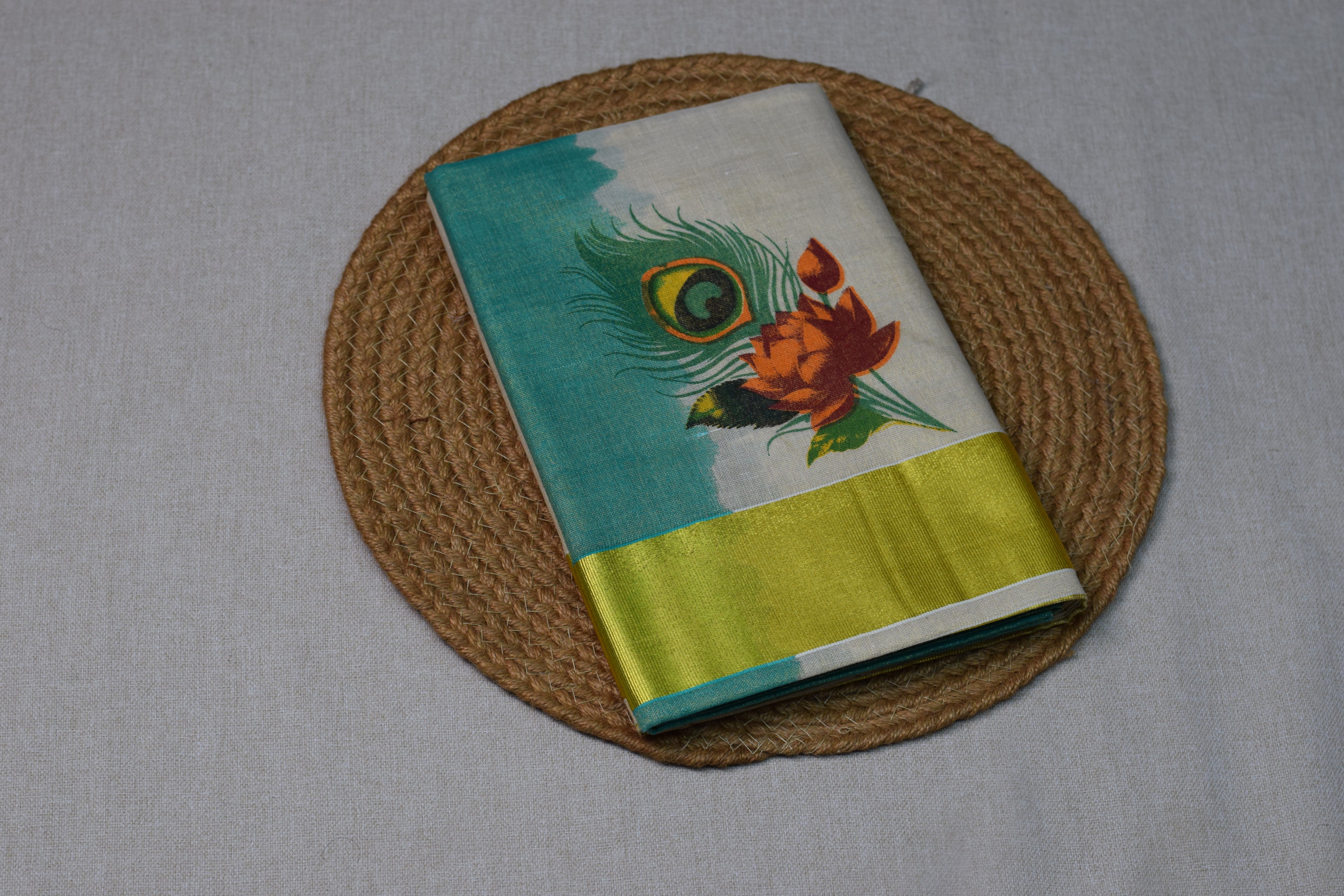 Kerala Kasavu Cotton Saree with Teal Tissue Pallu & Peacock Feather Block Print - Main Product Image - Cotton - Nushio