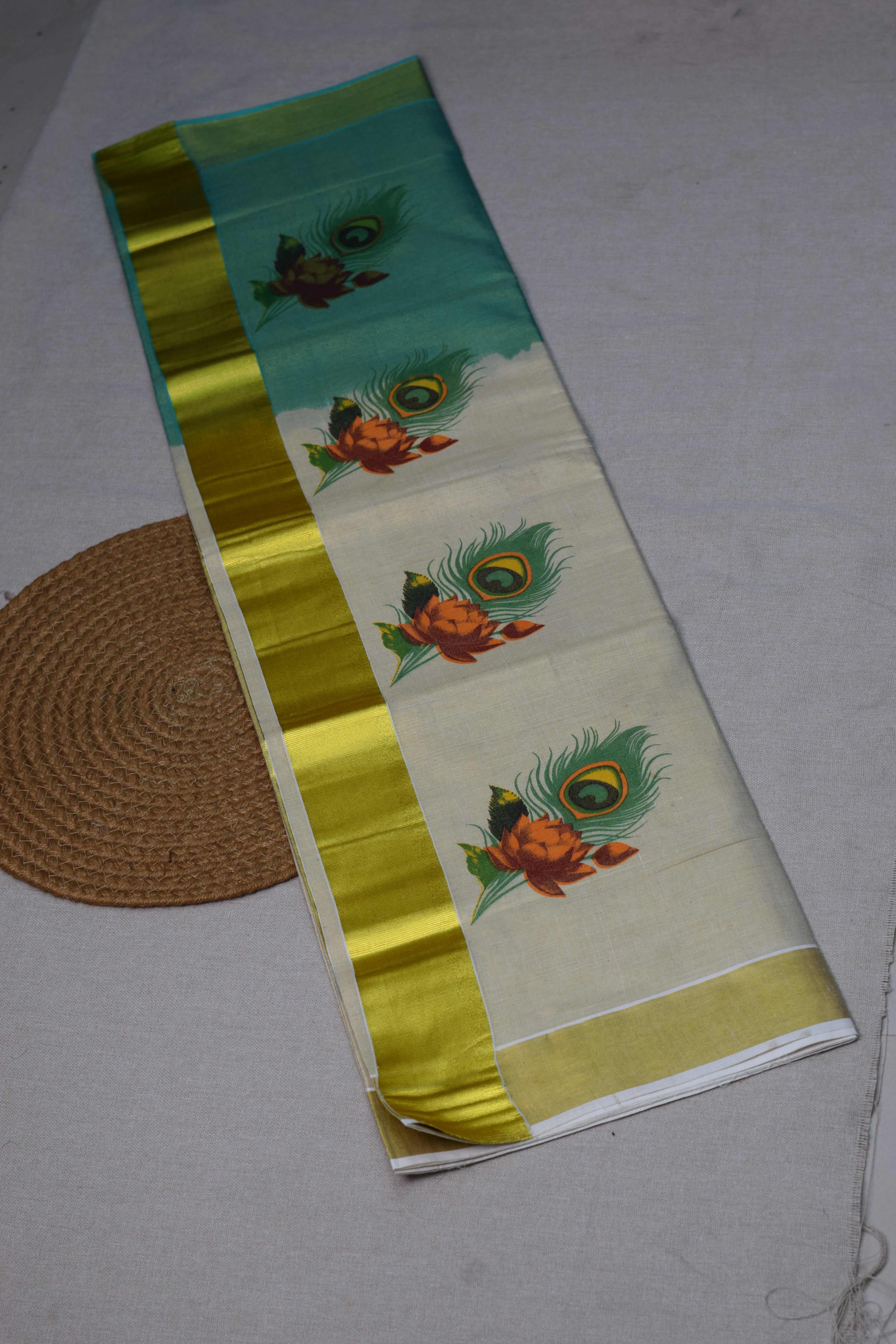 Kerala Kasavu Cotton Saree with Teal Tissue Pallu & Peacock Feather Block Print - View 3 - Cotton - Nushio