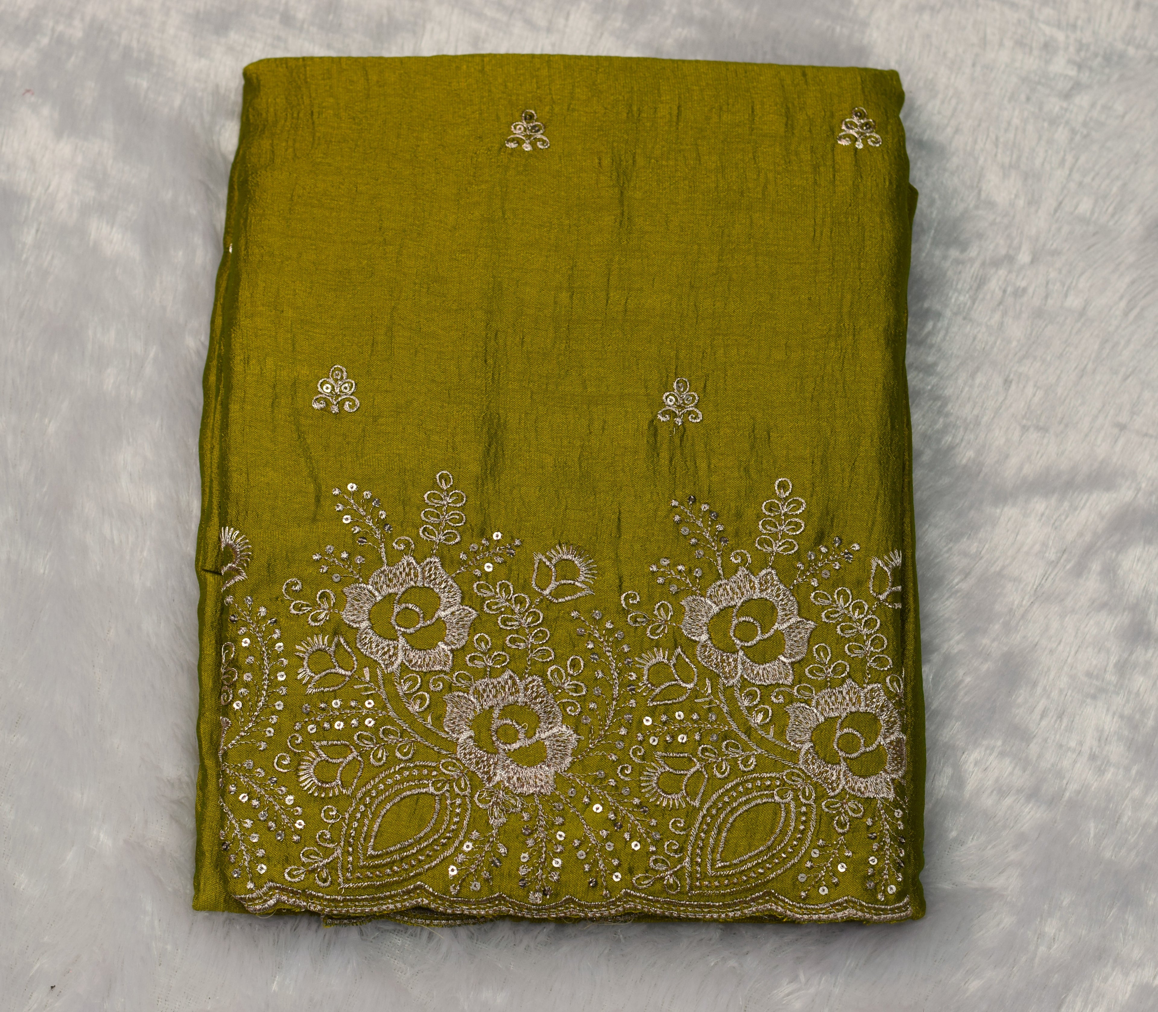 Green Embroidered Churidar Set Material with Floral Border- vichitra silk